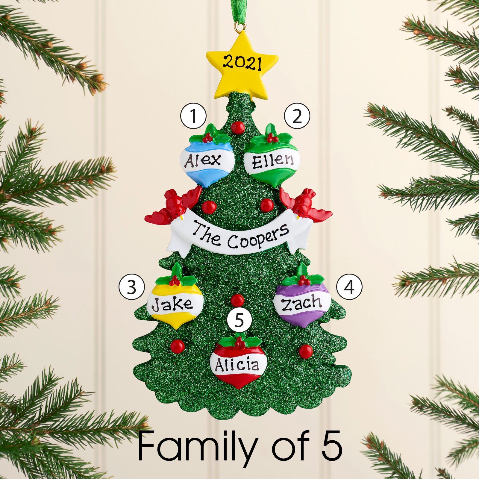 Christmas Ornament - Personalised Family Christmas Xmas Tree Decoration Ornament - Green Tree Family