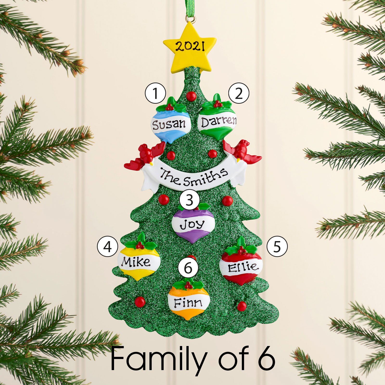 Christmas Ornament - Personalised Family Christmas Xmas Tree Decoration Ornament - Green Tree Family