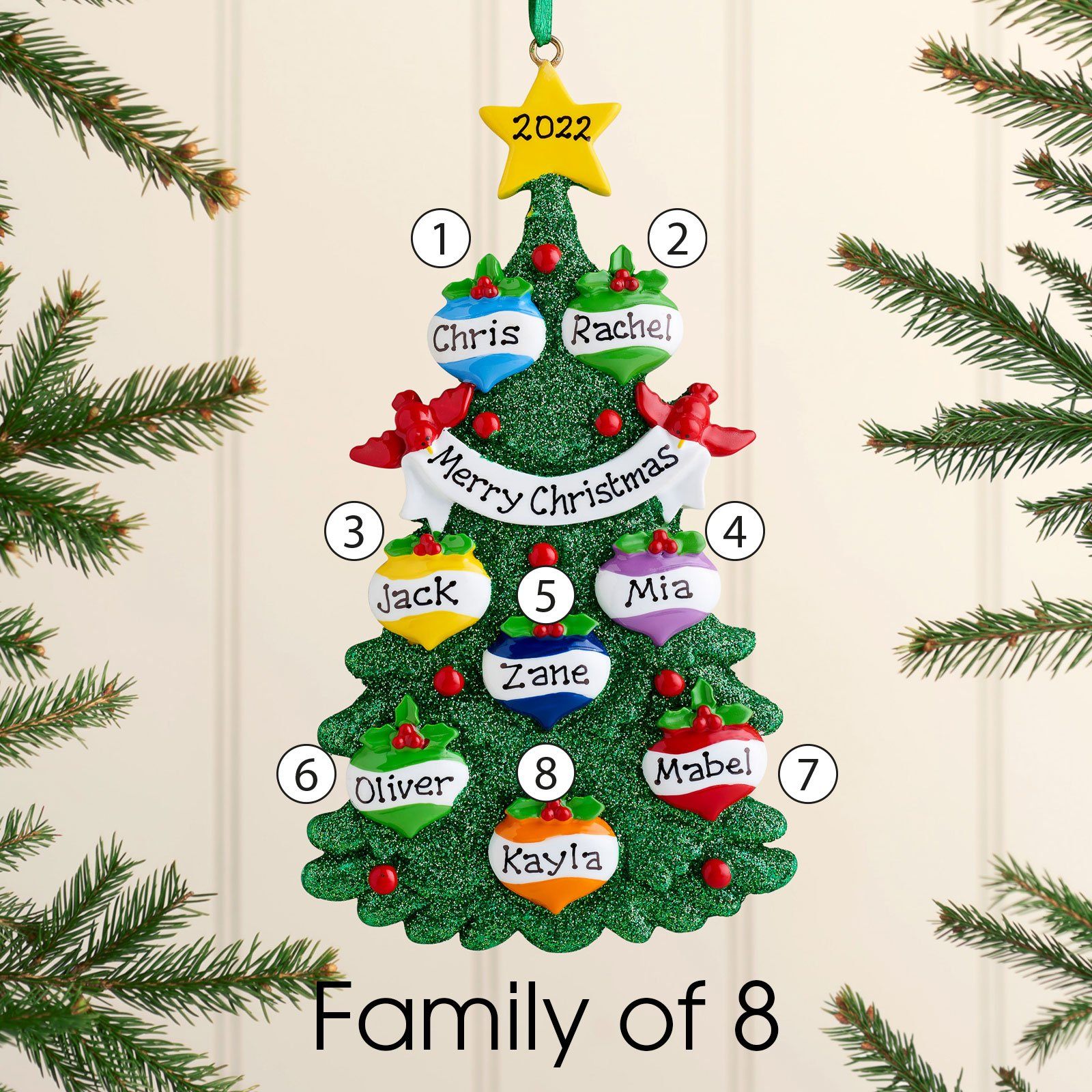 Christmas Ornament - Personalised Family Christmas Xmas Tree Decoration Ornament - Green Tree Family