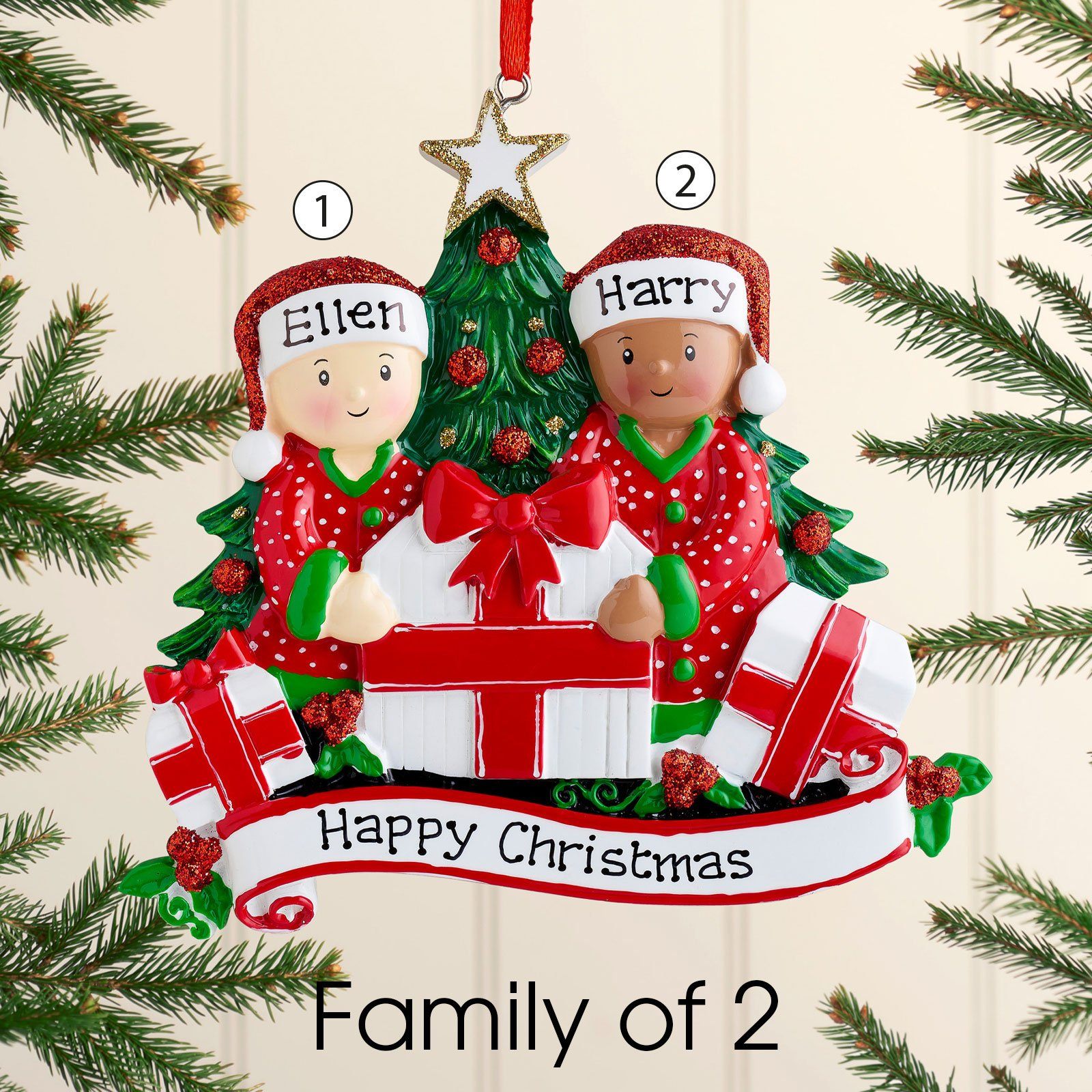 Christmas Ornament - Personalised Family Christmas Xmas Tree Decoration Ornament - Mixed Race Opening Presents Family