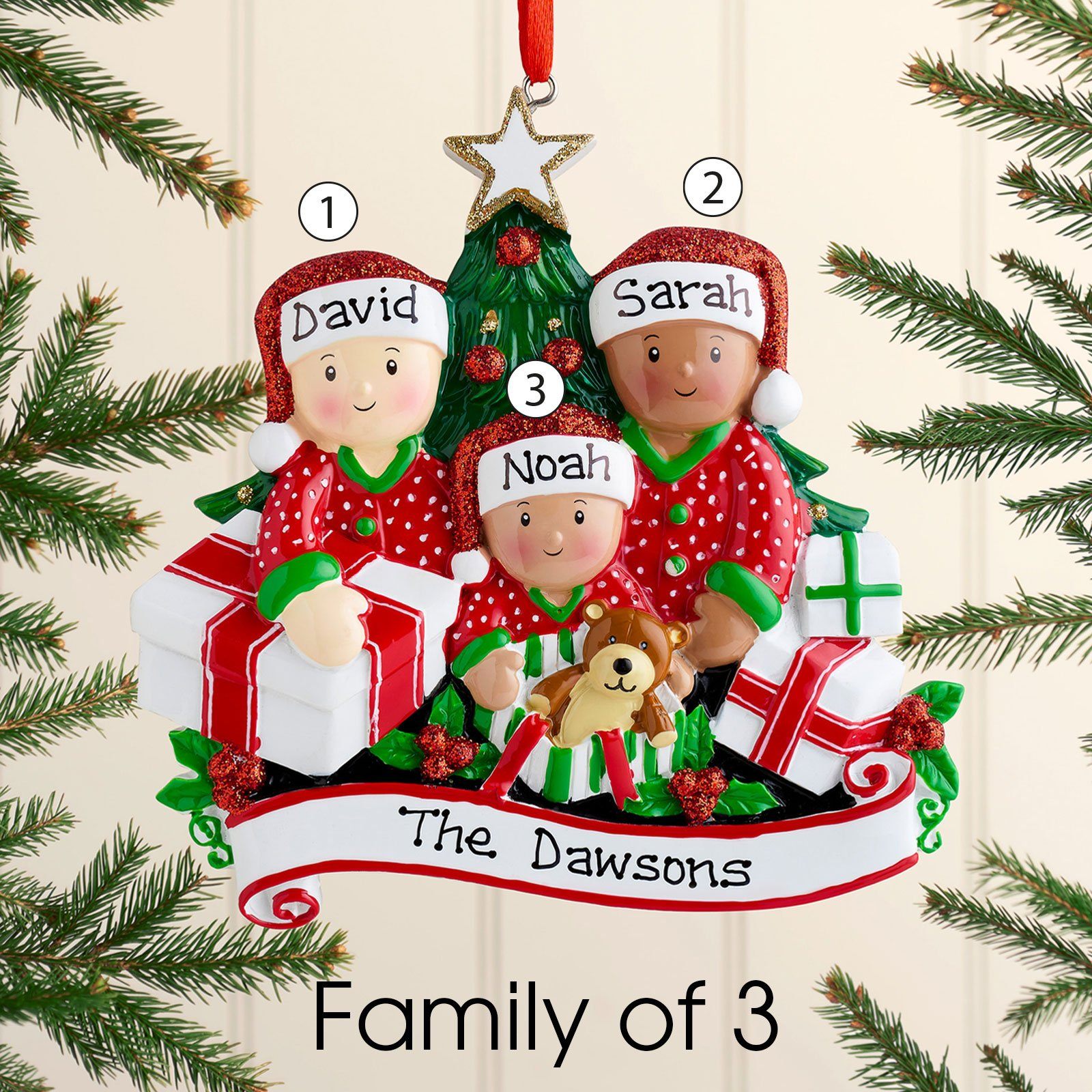 Christmas Ornament - Personalised Family Christmas Xmas Tree Decoration Ornament - Mixed Race Opening Presents Family