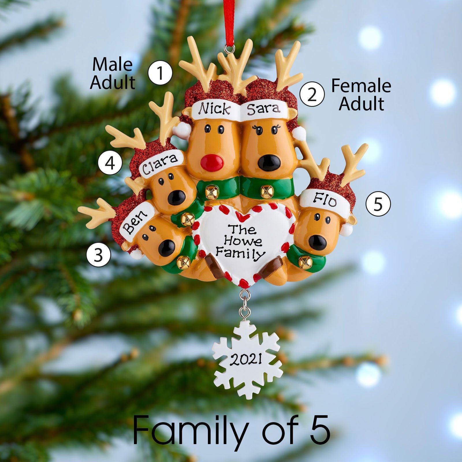 Christmas Ornament - Personalised Family Christmas Xmas Tree Decoration Ornament - Reindeer Snowflake Family