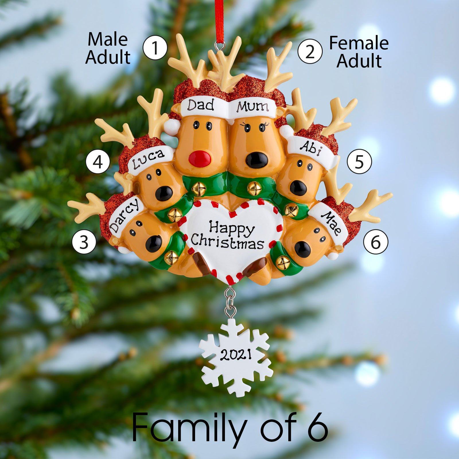 Christmas Ornament - Personalised Family Christmas Xmas Tree Decoration Ornament - Reindeer Snowflake Family