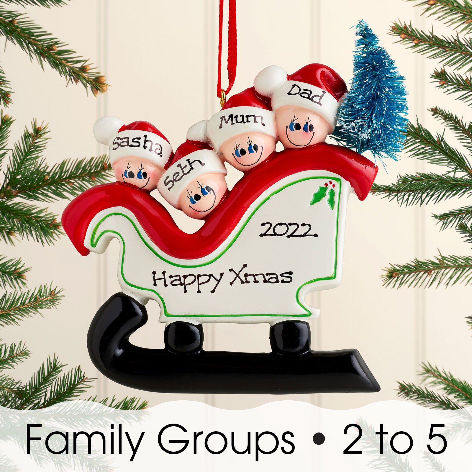 Christmas Ornament - Personalised Family Christmas Xmas Tree Decoration Ornament - Sleigh Family