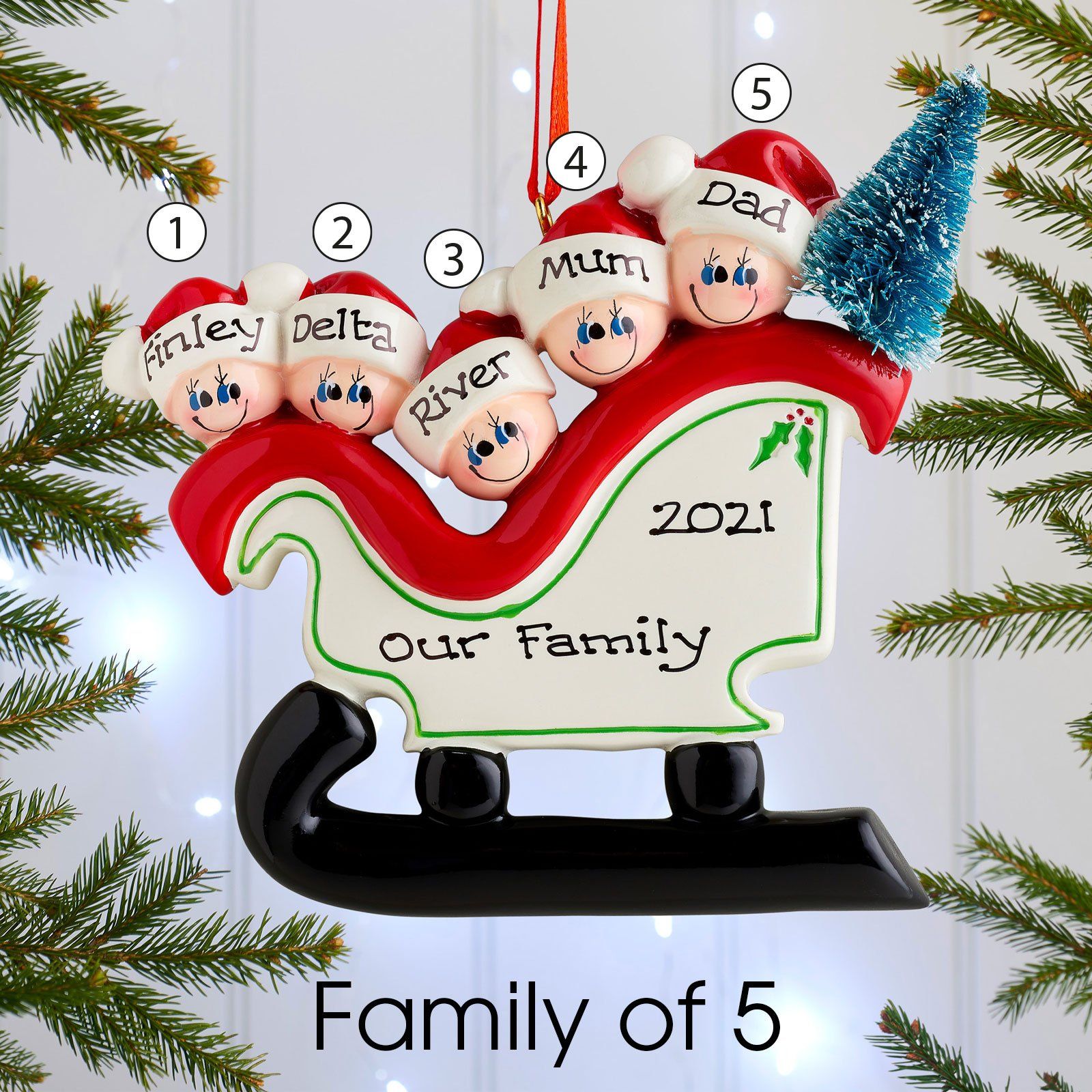 Christmas Ornament - Personalised Family Christmas Xmas Tree Decoration Ornament - Sleigh Family