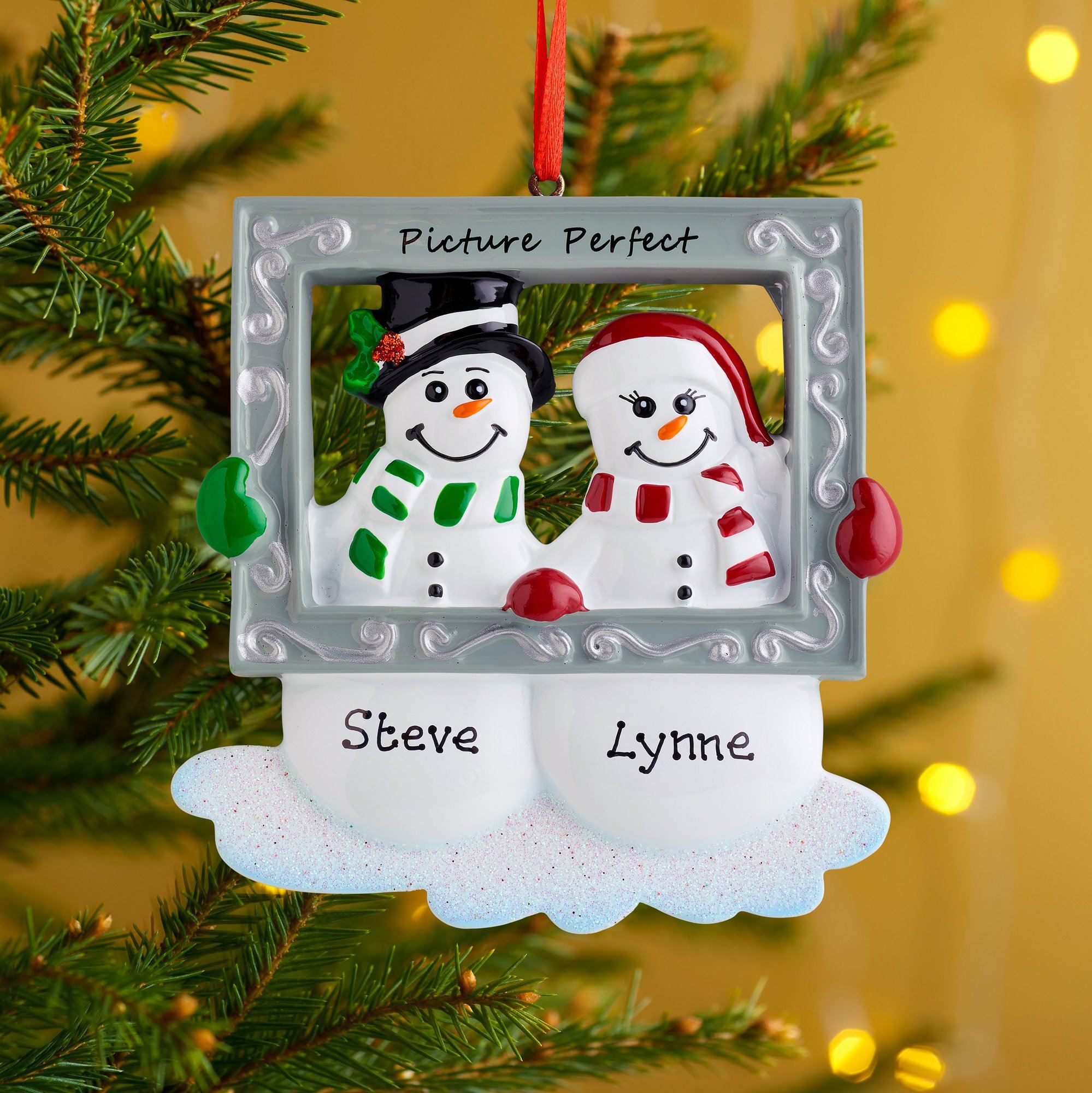 Christmas Ornament - Personalised Family Christmas Xmas Tree Decoration Ornament - Snow Couple With Frame