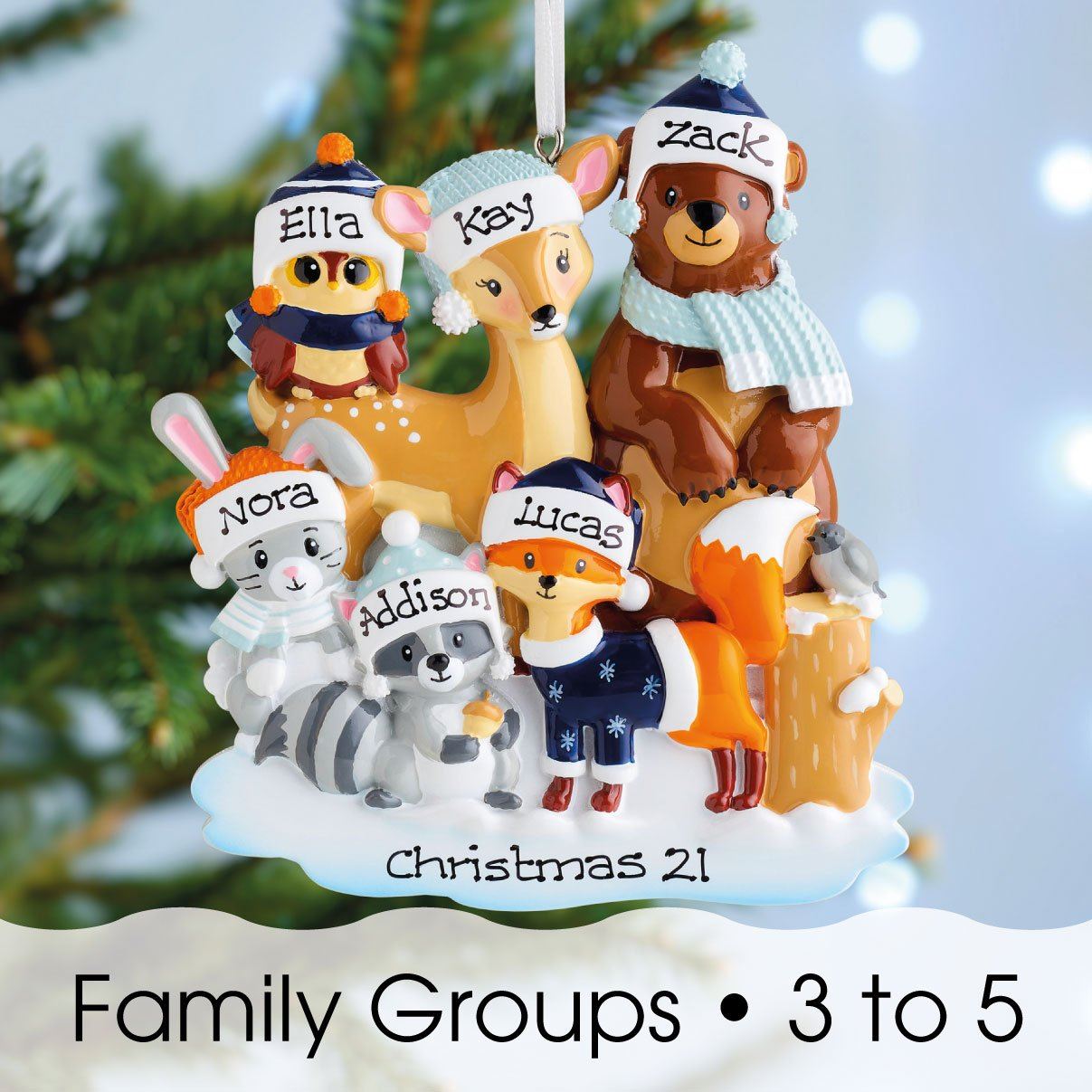 Christmas Ornament - Personalised Family Christmas Xmas Tree Decoration Ornament - Woodland Family