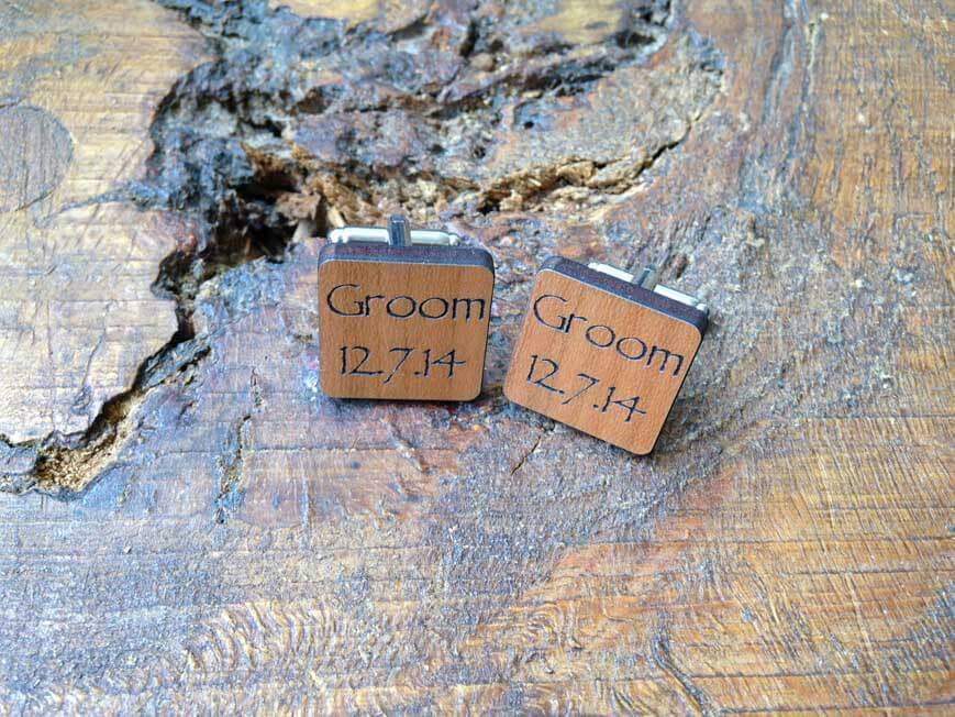 Cufflink - Personalised Wooden Groom Cufflinks With Silver Plated Back 082