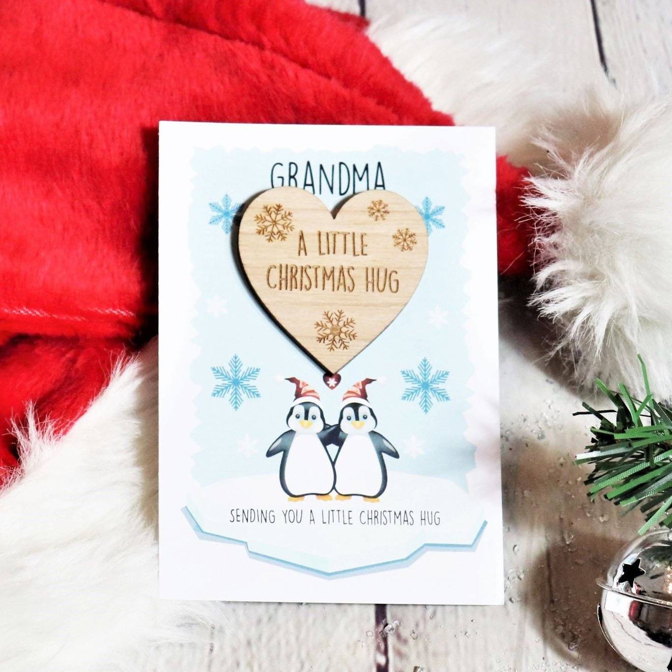 Hug - Personalised Wooden Christmas Hug Token - Penguins