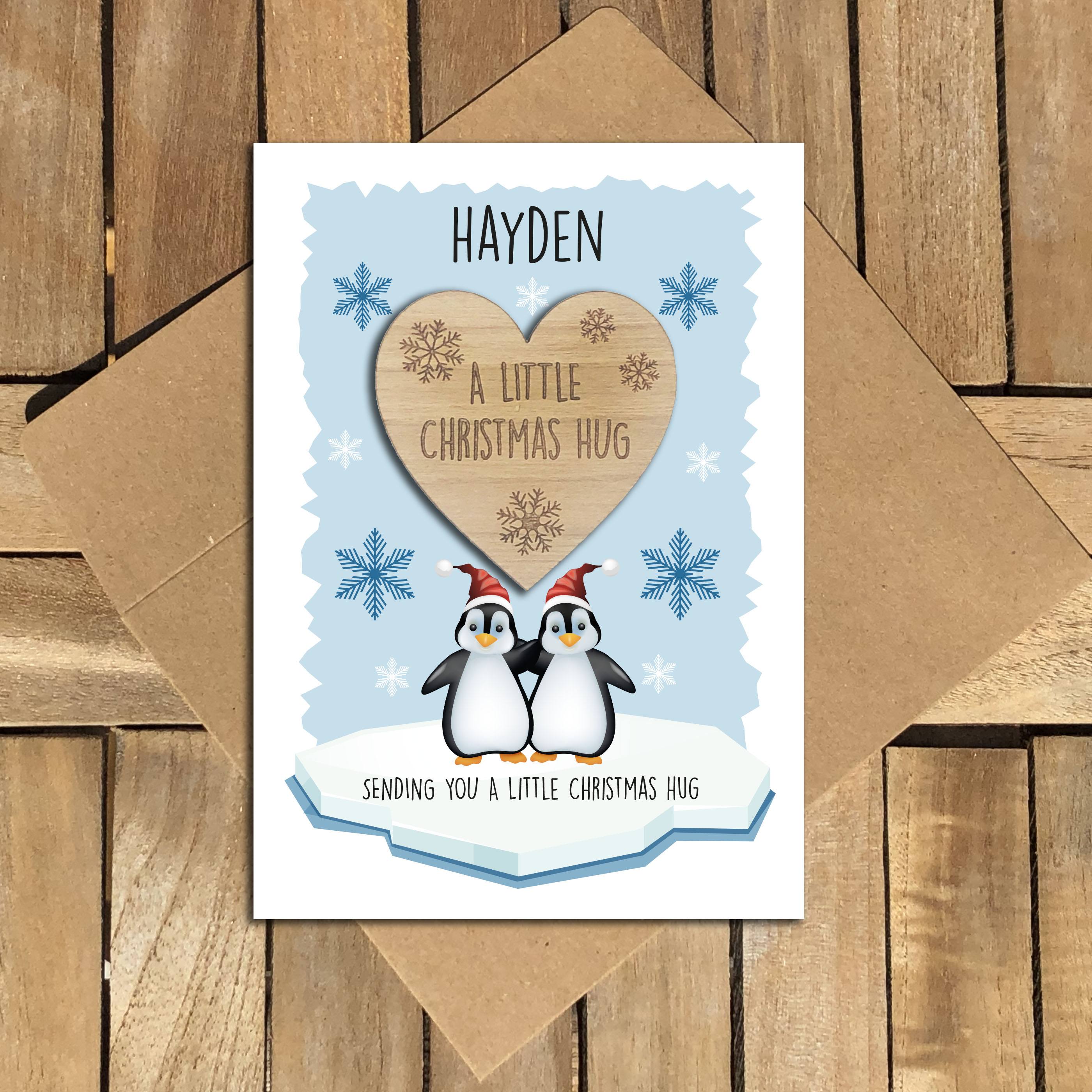 Hug - Personalised Wooden Christmas Hug Token - Penguins