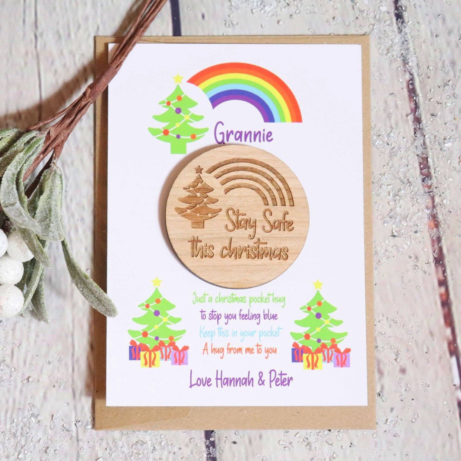 Hug - Personalised Wooden Christmas Hug Token - Rainbow