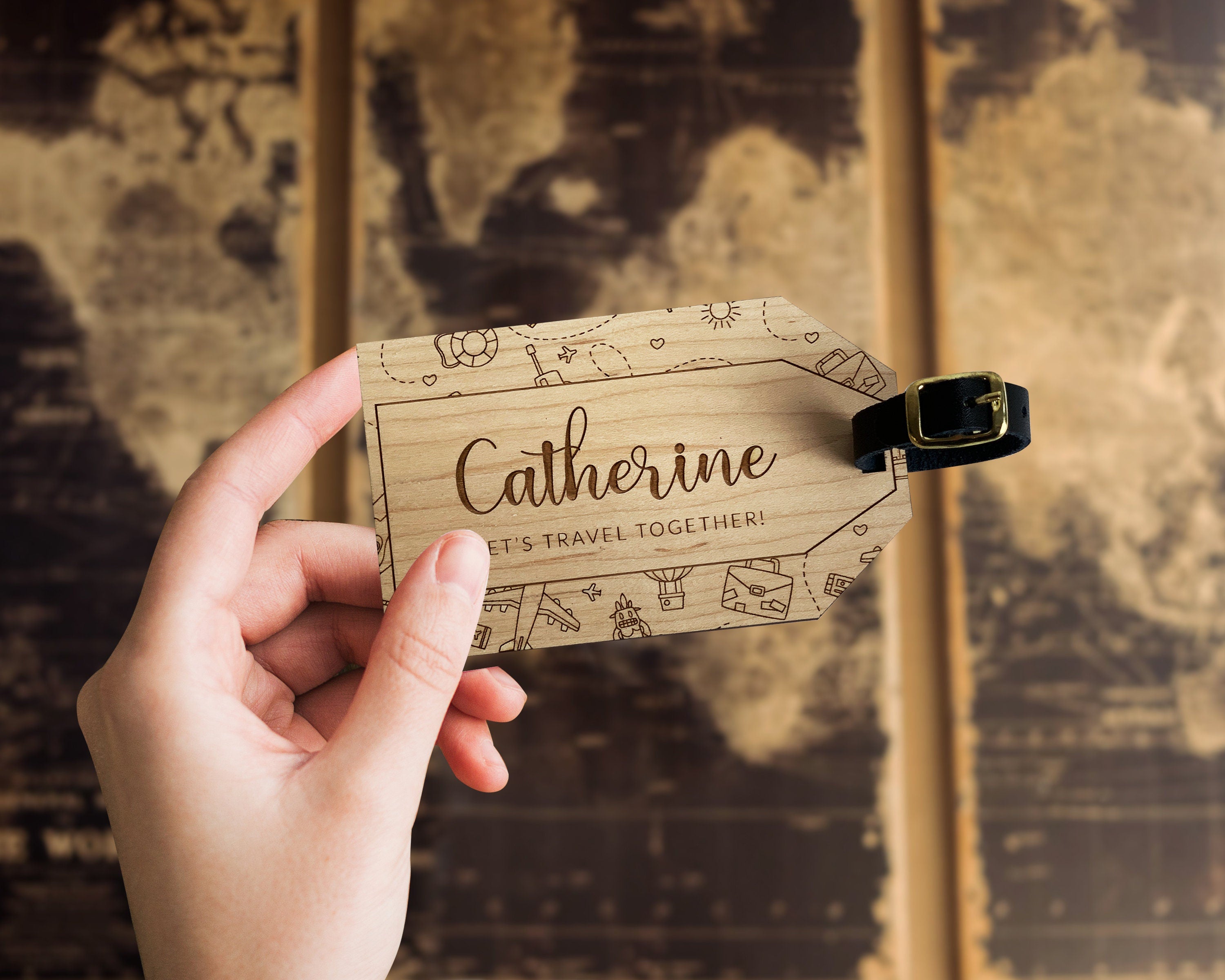 Personalised Wooden Luggage Tag - Lets Travel Together