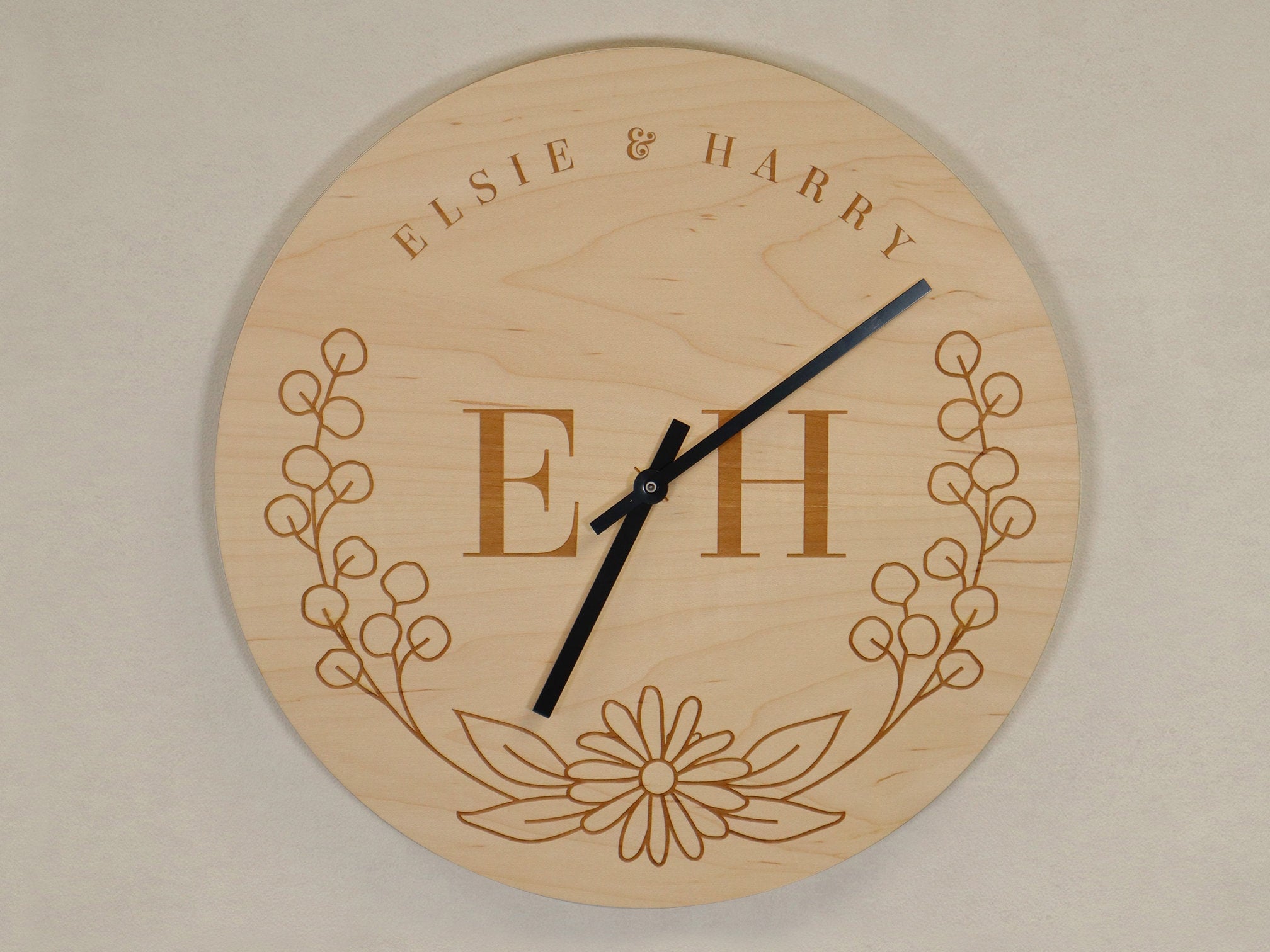 Personalised Couple Floral Monogram Clock - 5th Wedding Anniversary