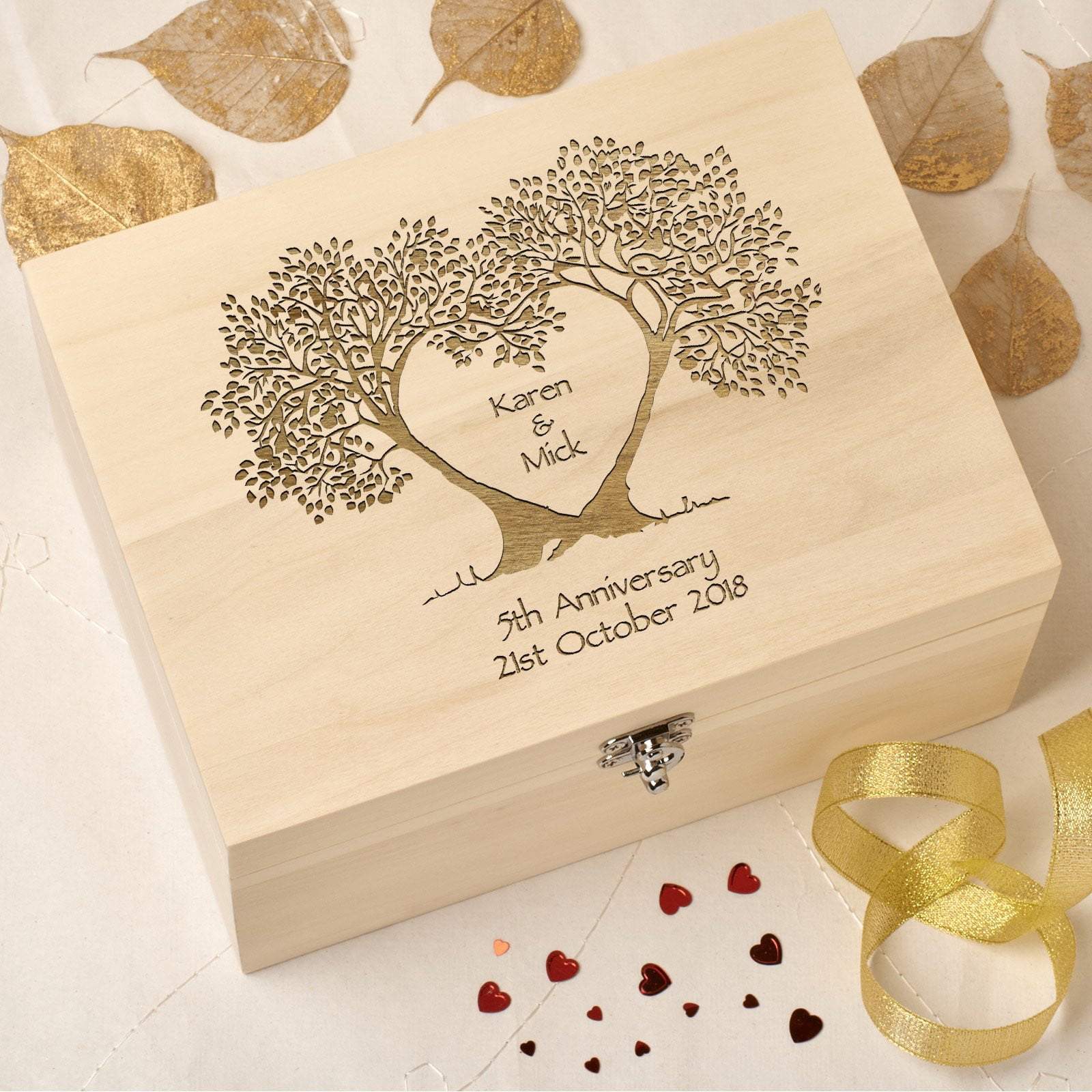Keepsake Box - Personalised 5th Wedding Anniversary Wooden Memories Or Keepsake Box - Tree Heart