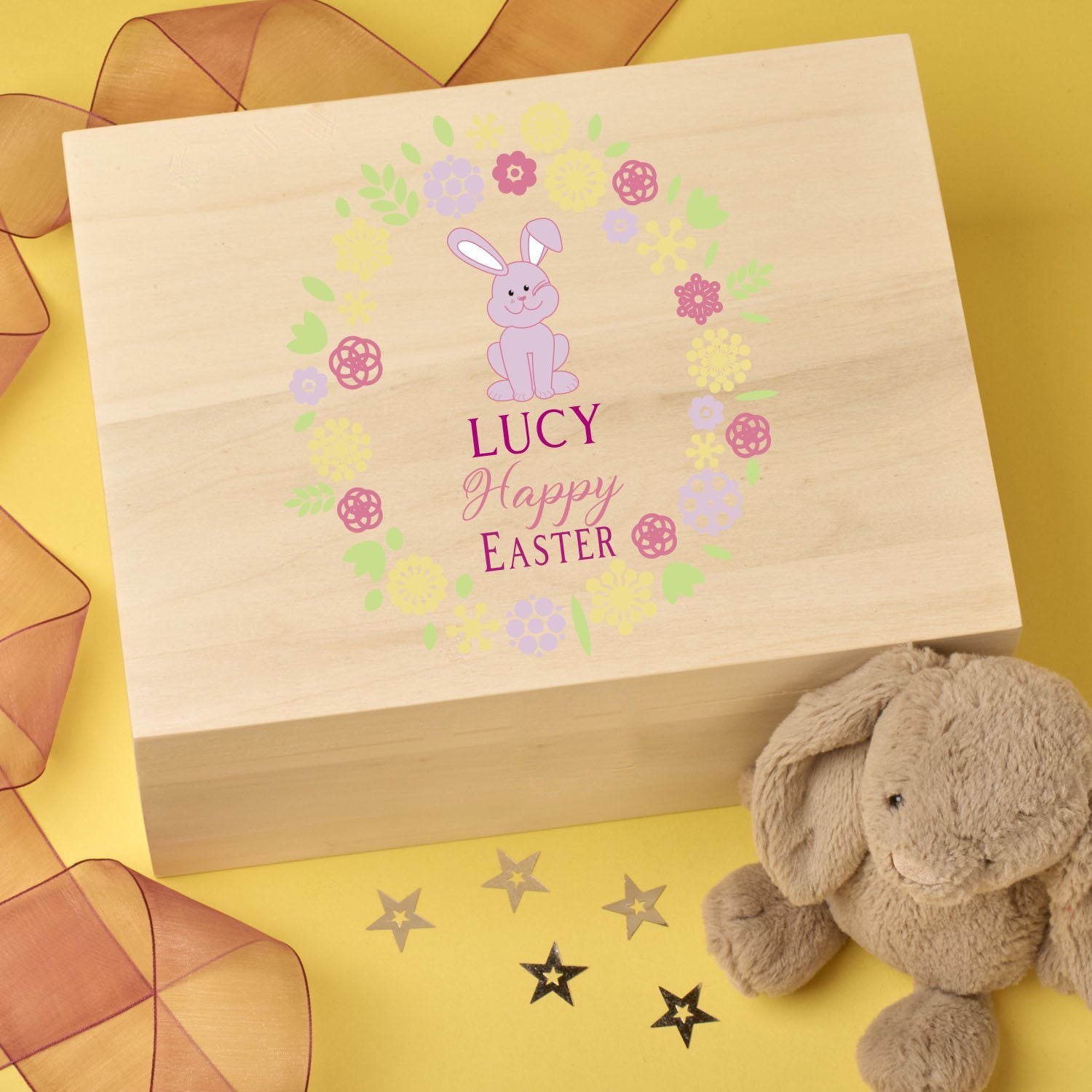 Keepsake Box - Personalised Wooden Easter Treat, Hunt, Keepsake Box - Bunny Wreath