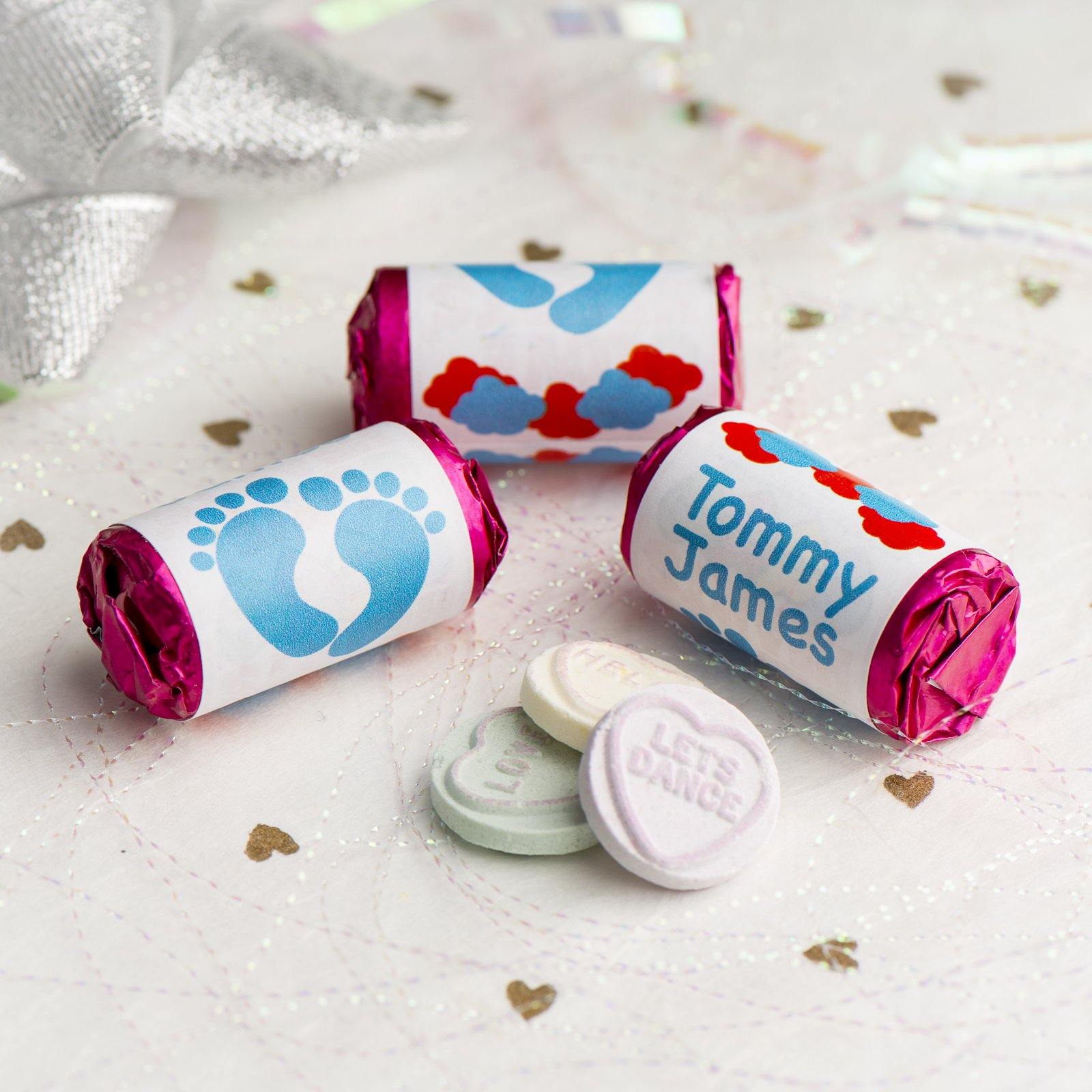 Love Hearts - Personalised Mini Love Hearts Rolls Sweets Favour - Baby Shower/Christening/Birthday - Feet - Blue