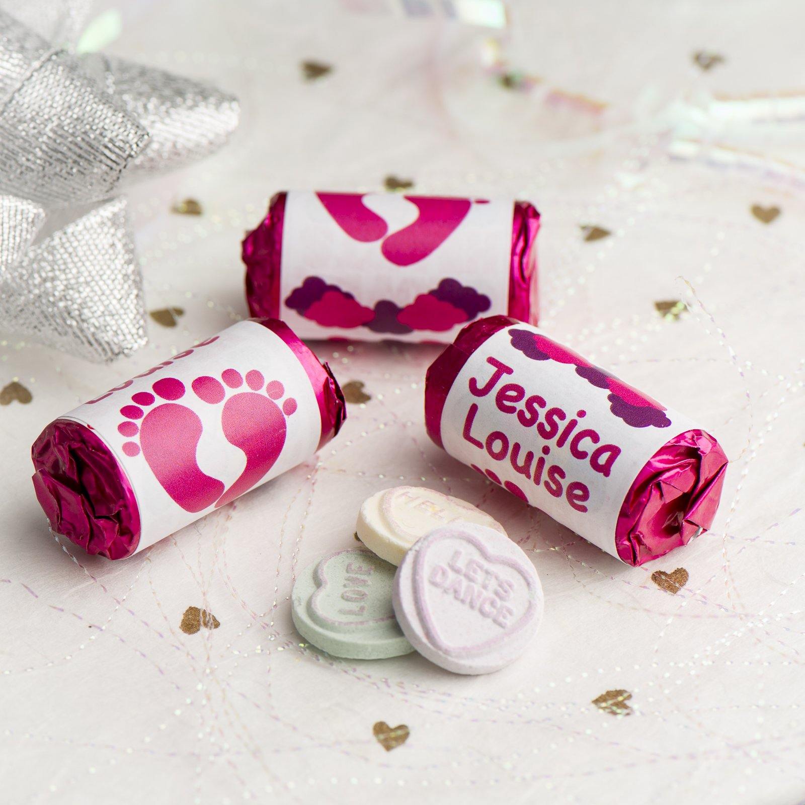 Love Hearts - Personalised Mini Love Hearts Rolls Sweets Favour - Baby Shower/Christening/Birthday - Feet - Pink