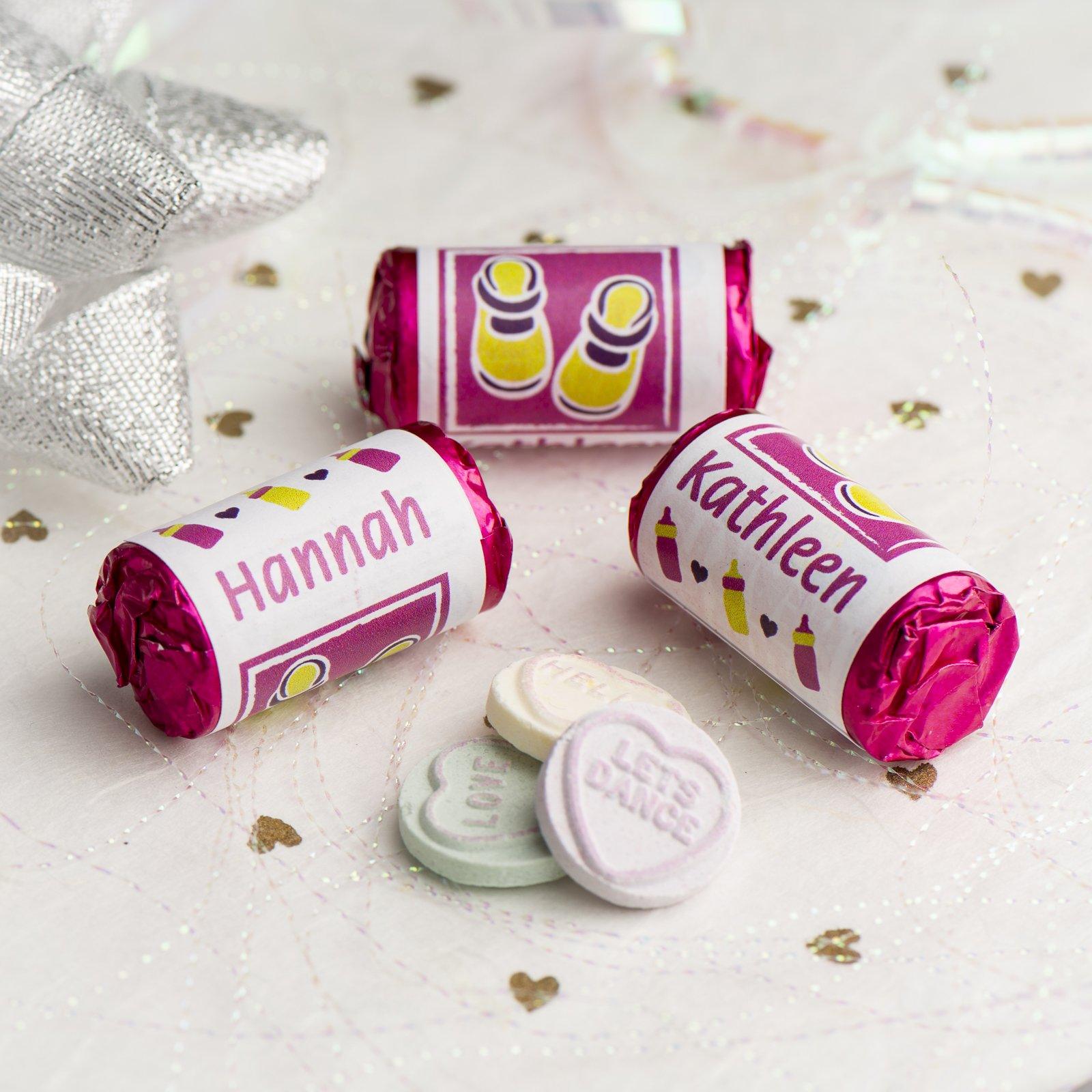 Love Hearts - Personalised Mini Love Hearts Rolls Sweets Favour -Baby Shower/Christening/Birthday - Shoes - Pink