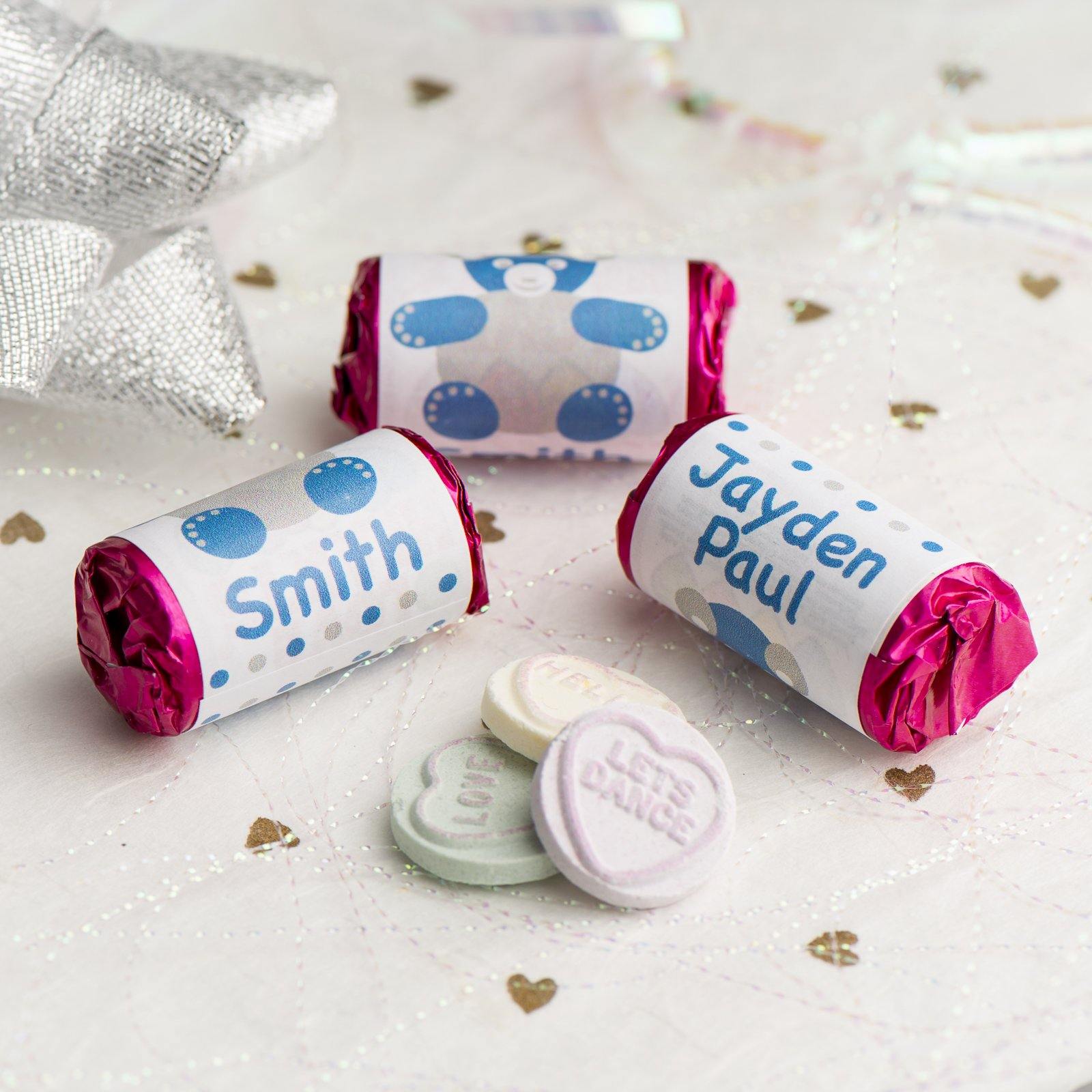 Love Hearts - Personalised Mini Love Hearts Rolls Sweets Favour - Baby Shower/Christening/Birthday -Teddy - Blue
