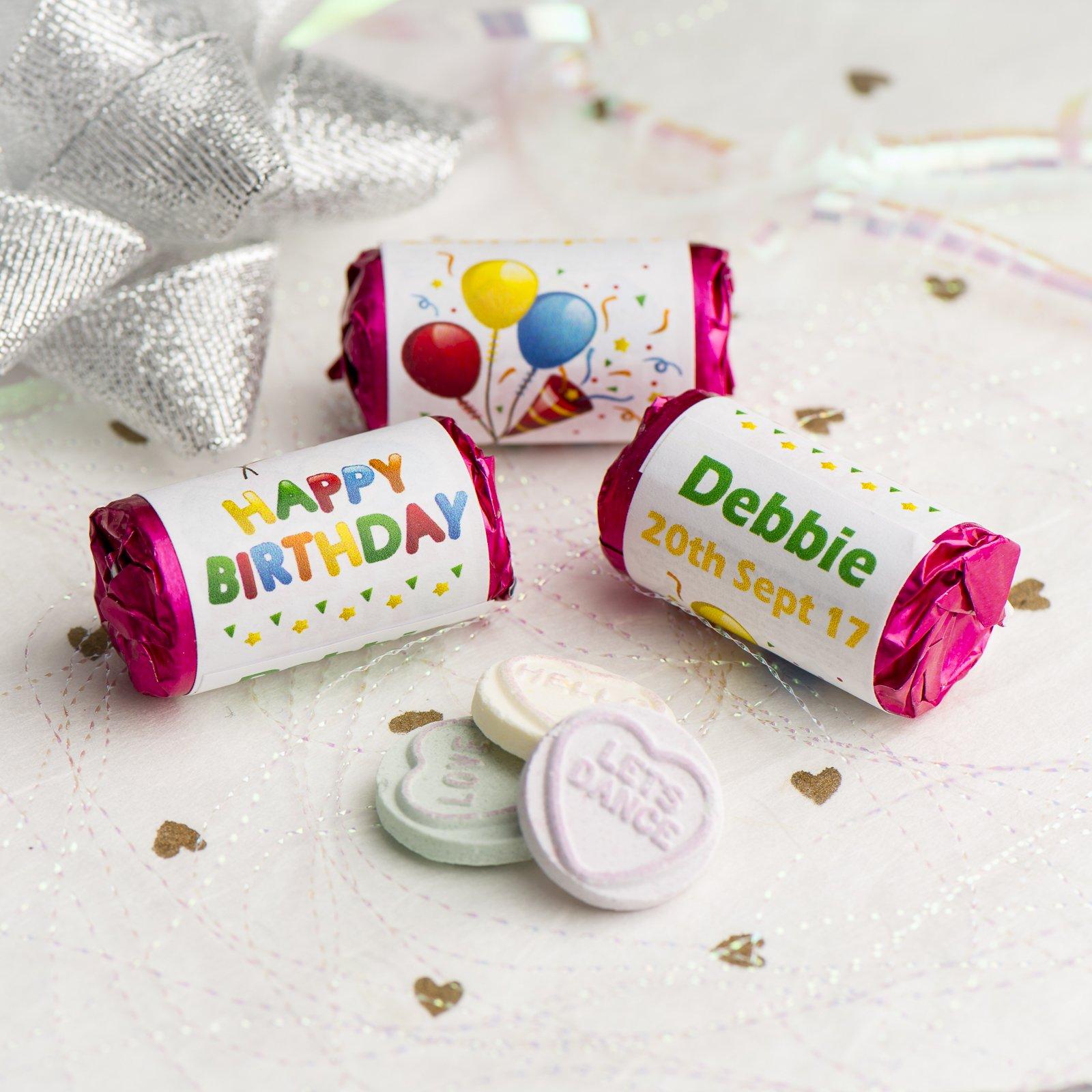Love Hearts - Personalised Mini Love Hearts Rolls Sweets Favour - Birthday - Balloons