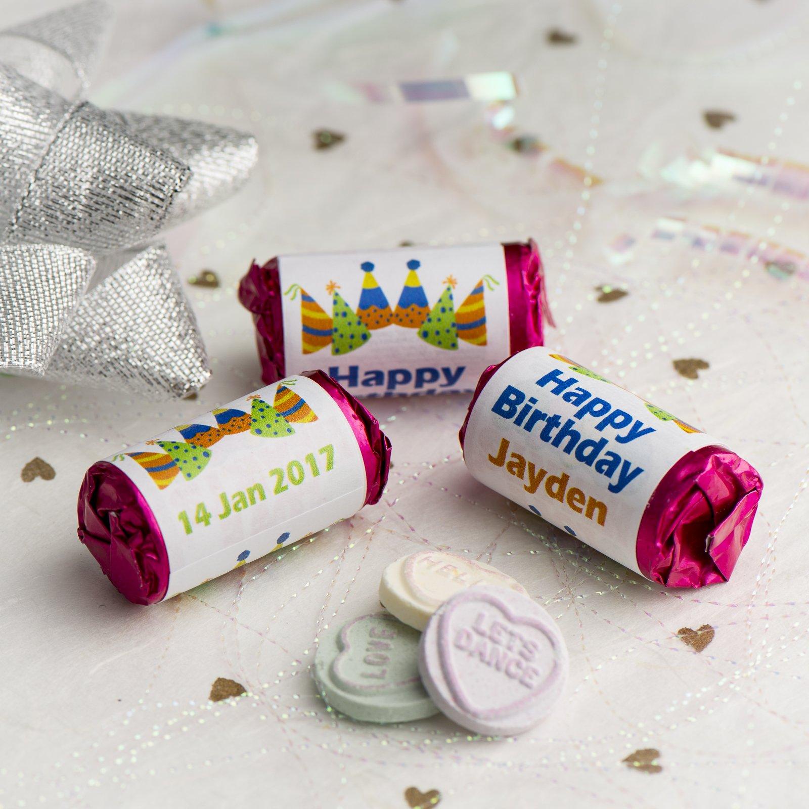 Love Hearts - Personalised Mini Love Hearts Rolls Sweets Favour - Birthday - Hats