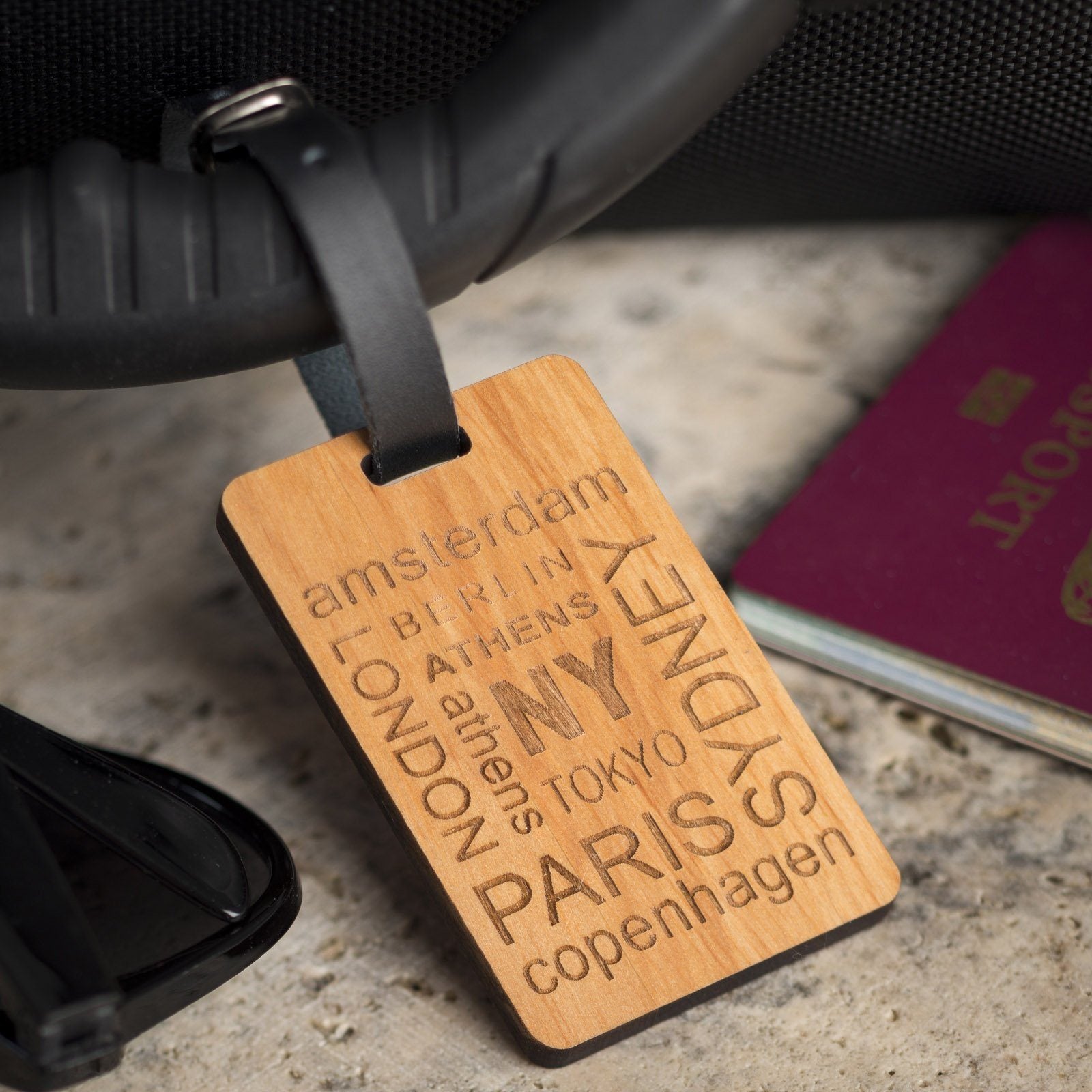 Luggage Tags - Personalised Laser Engraved Wooden Luggage Tag With Leather Strap - City Text Design