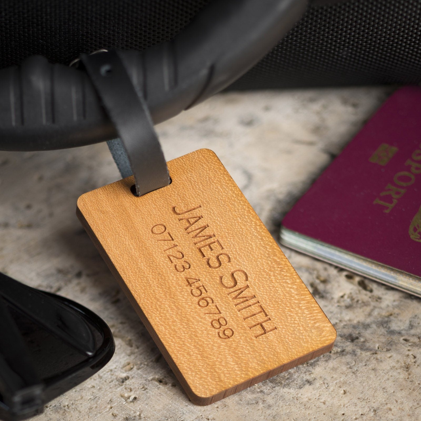 Luggage Tags - Personalised Laser Engraved Wooden Luggage Tag With Leather Strap - City Text Design