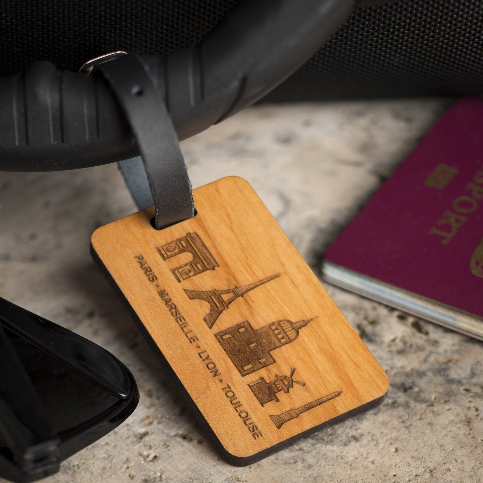 Luggage Tags - Personalised Laser Engraved Wooden Luggage Tag With Leather Strap - Country Icon Design