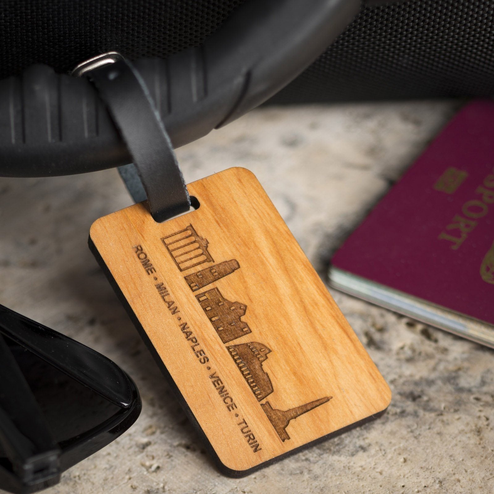 Luggage Tags - Personalised Laser Engraved Wooden Luggage Tag With Leather Strap - Country Icon Design