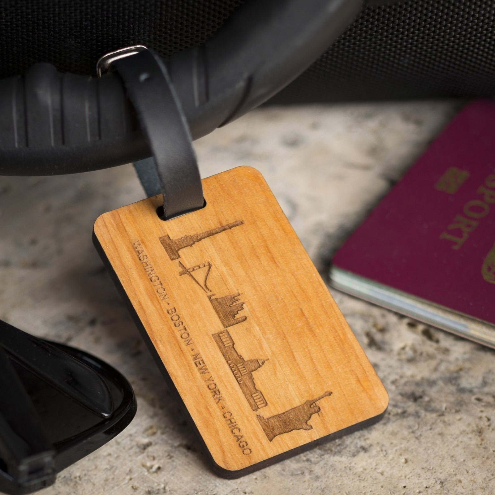 Luggage Tags - Personalised Laser Engraved Wooden Luggage Tag With Leather Strap - Country Icon Design