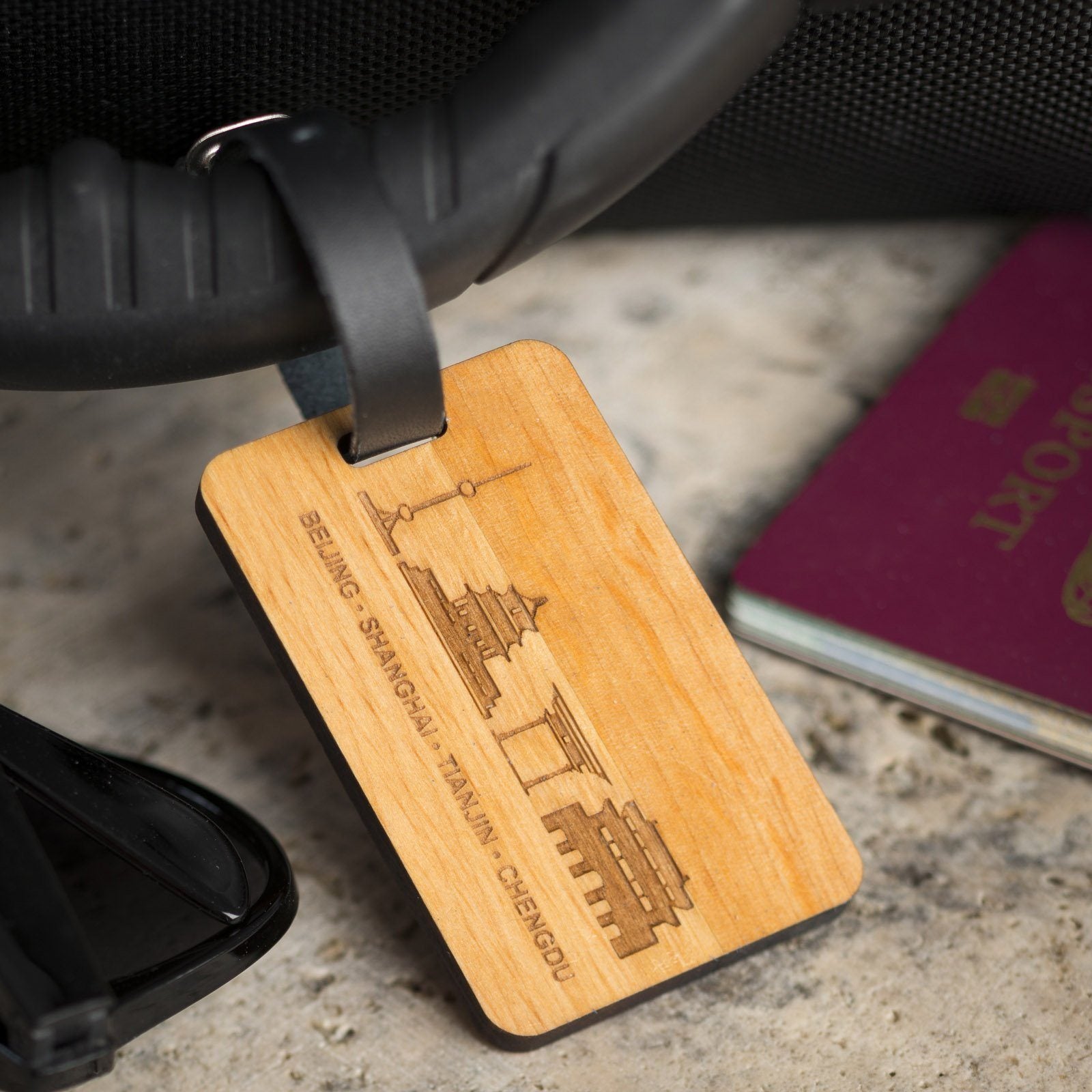 Luggage Tags - Personalised Laser Engraved Wooden Luggage Tag With Leather Strap - Country Icon Design
