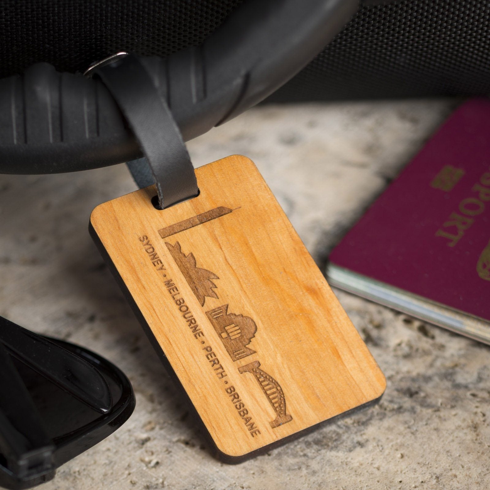 Luggage Tags - Personalised Laser Engraved Wooden Luggage Tag With Leather Strap - Country Icon Design