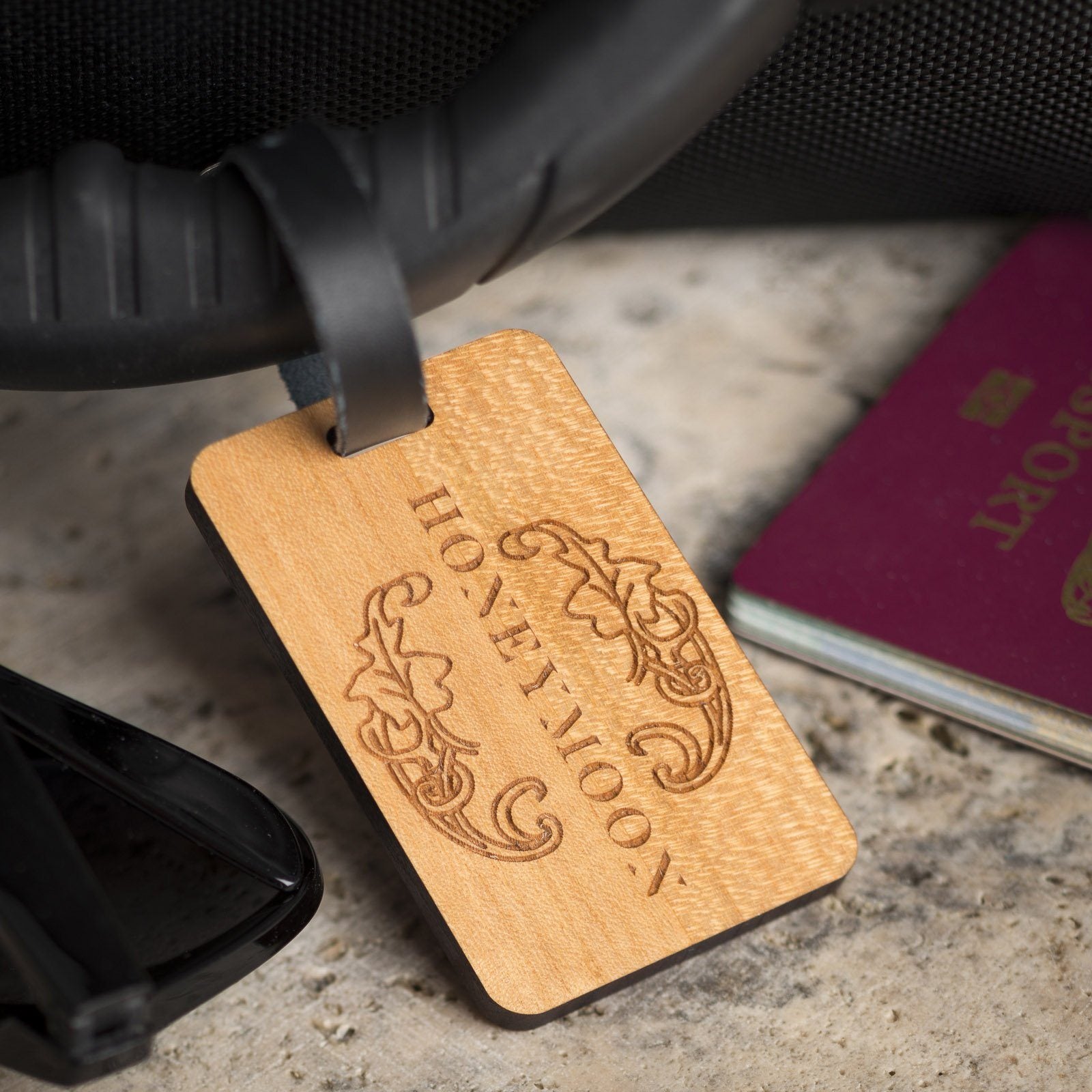 Luggage Tags - Personalised Laser Engraved Wooden Luggage Tag With Leather Strap - Honeymoon Leaf Design