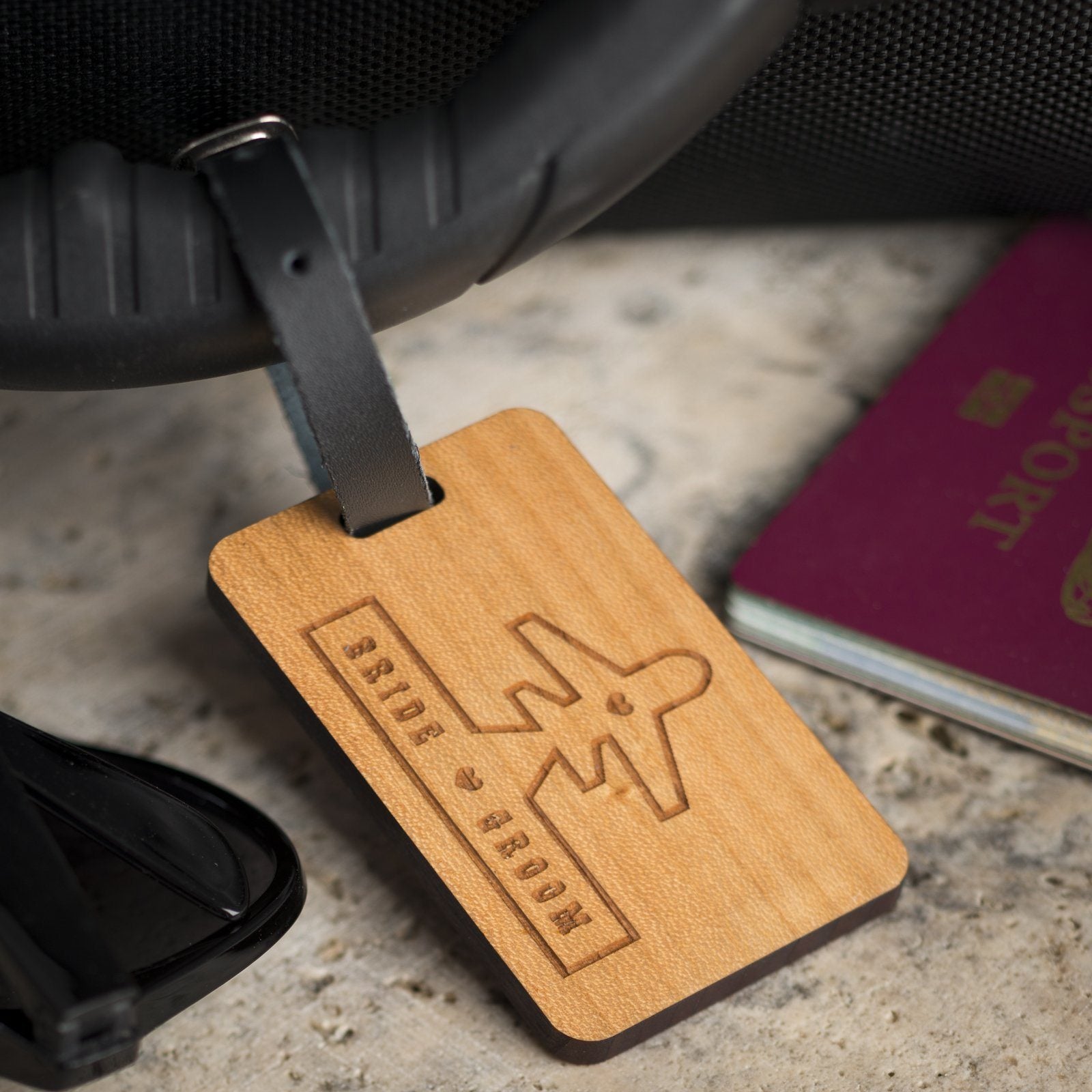 Luggage Tags - Personalised Laser Engraved Wooden Luggage Tag With Leather Strap - Plane Banner Design