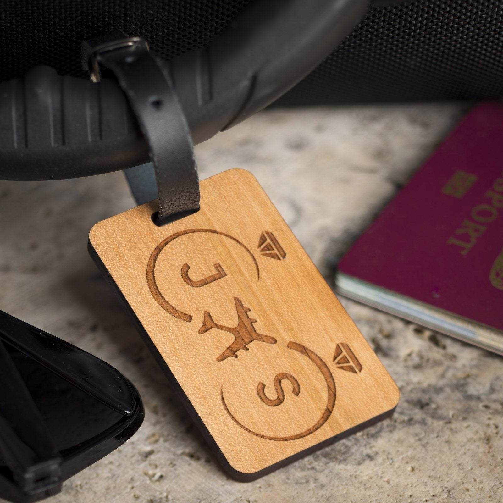 Luggage Tags - Personalised Laser Engraved Wooden Luggage Tag With Leather Strap - Rings & Planes Design