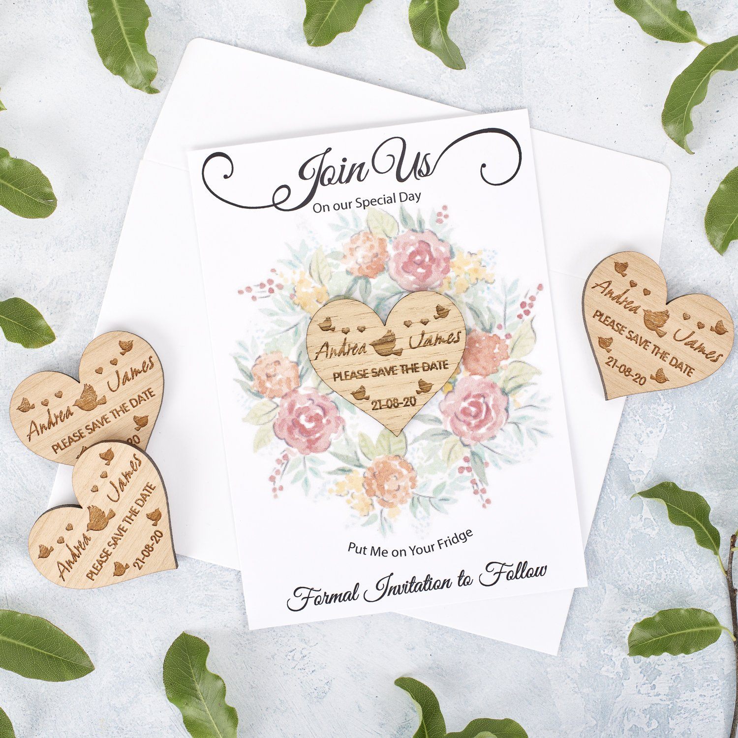 Save The Date Magnet With Cards - Save The Date Magnet Wooden Rustic & Cards - Heart Lovebirds