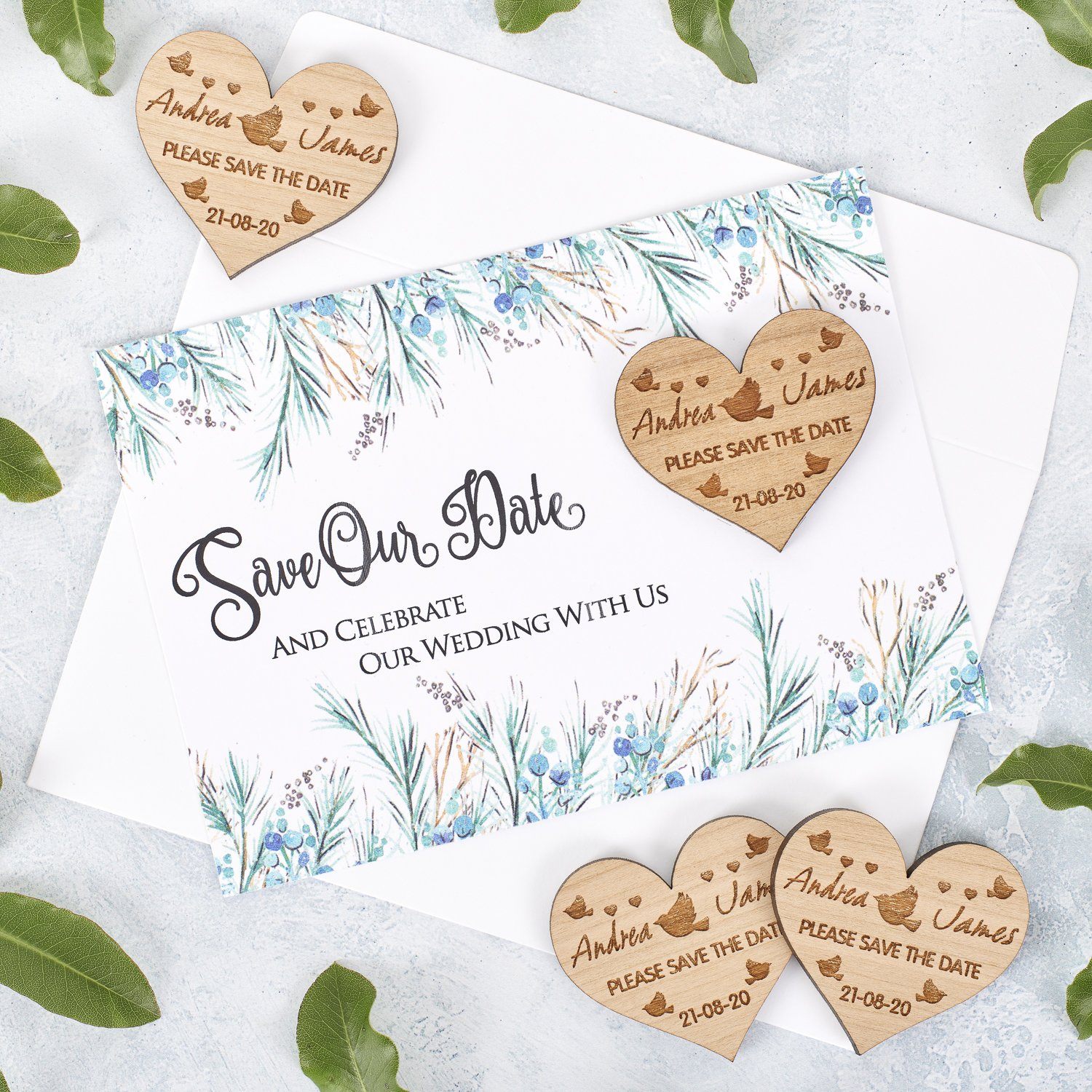 Save The Date Magnet With Cards - Save The Date Magnet Wooden Rustic & Cards - Heart Lovebirds