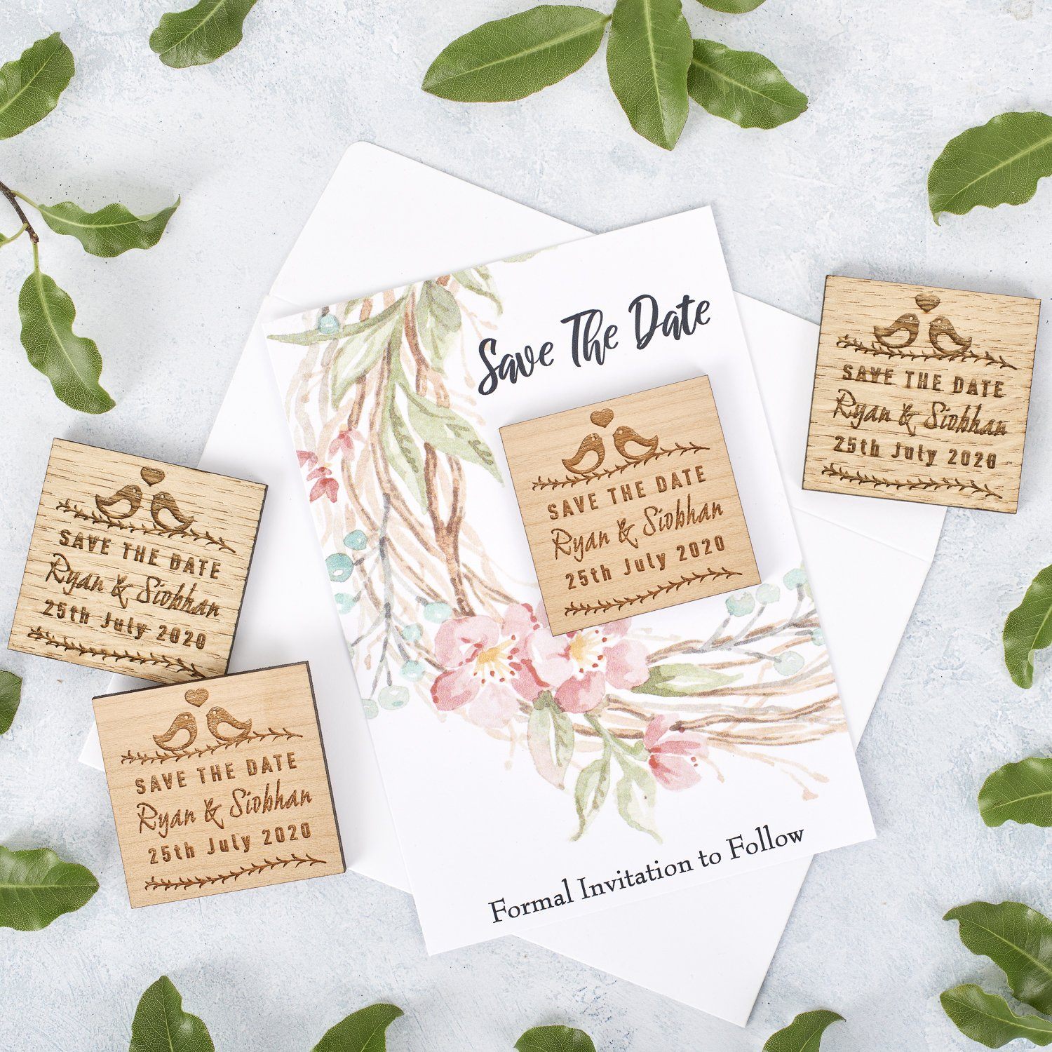 Save The Date Magnet With Cards - Save The Date Magnet Wooden Rustic & Cards - Square Lovebird