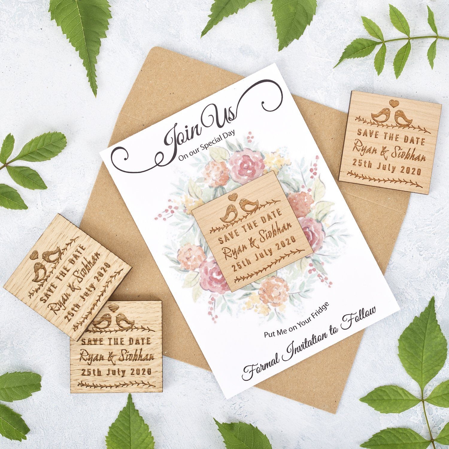 Save The Date Magnet With Cards - Save The Date Magnet Wooden Rustic & Cards - Square Lovebird