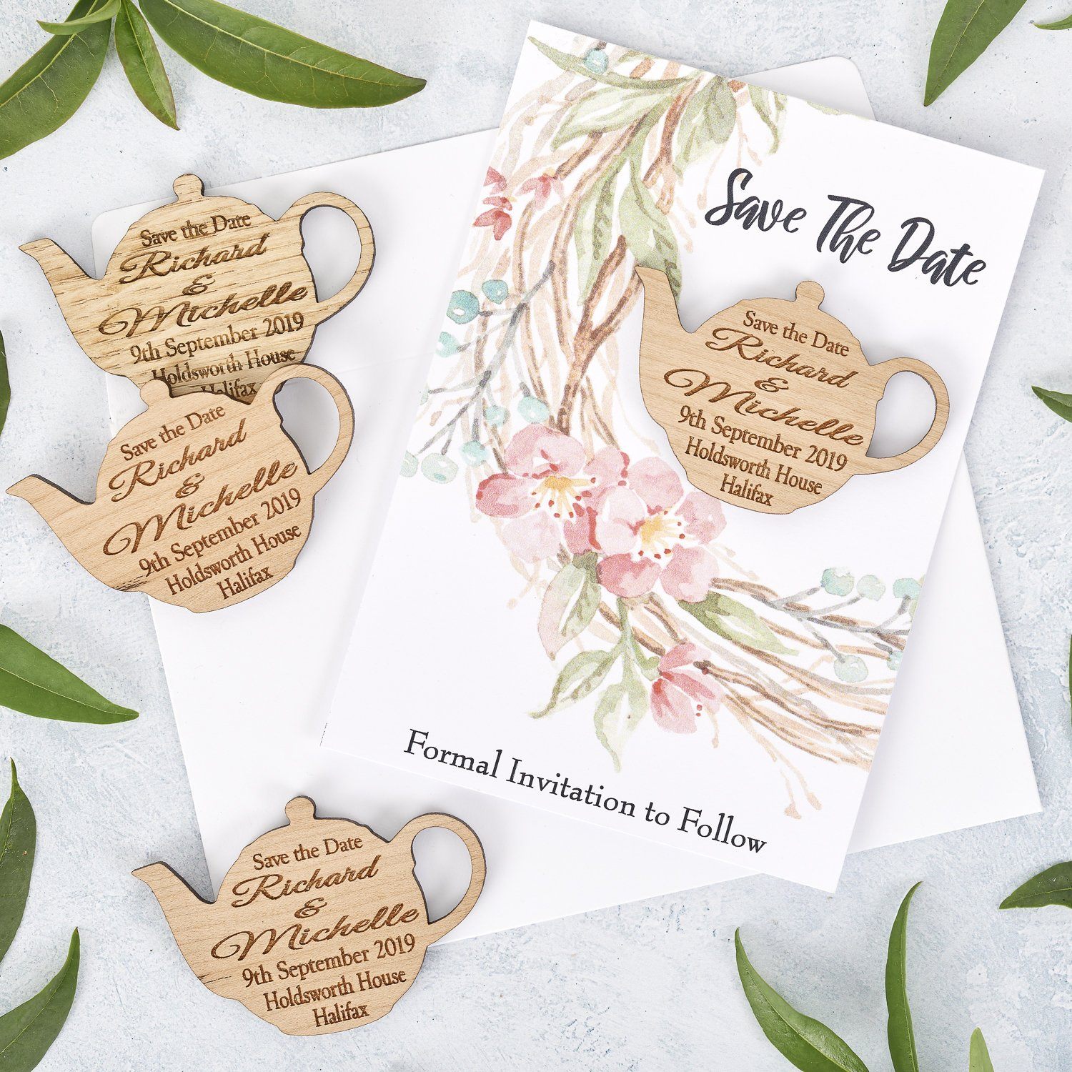 Save The Date Magnet With Cards - Save The Date Magnet Wooden Rustic & Cards - Tea Pot