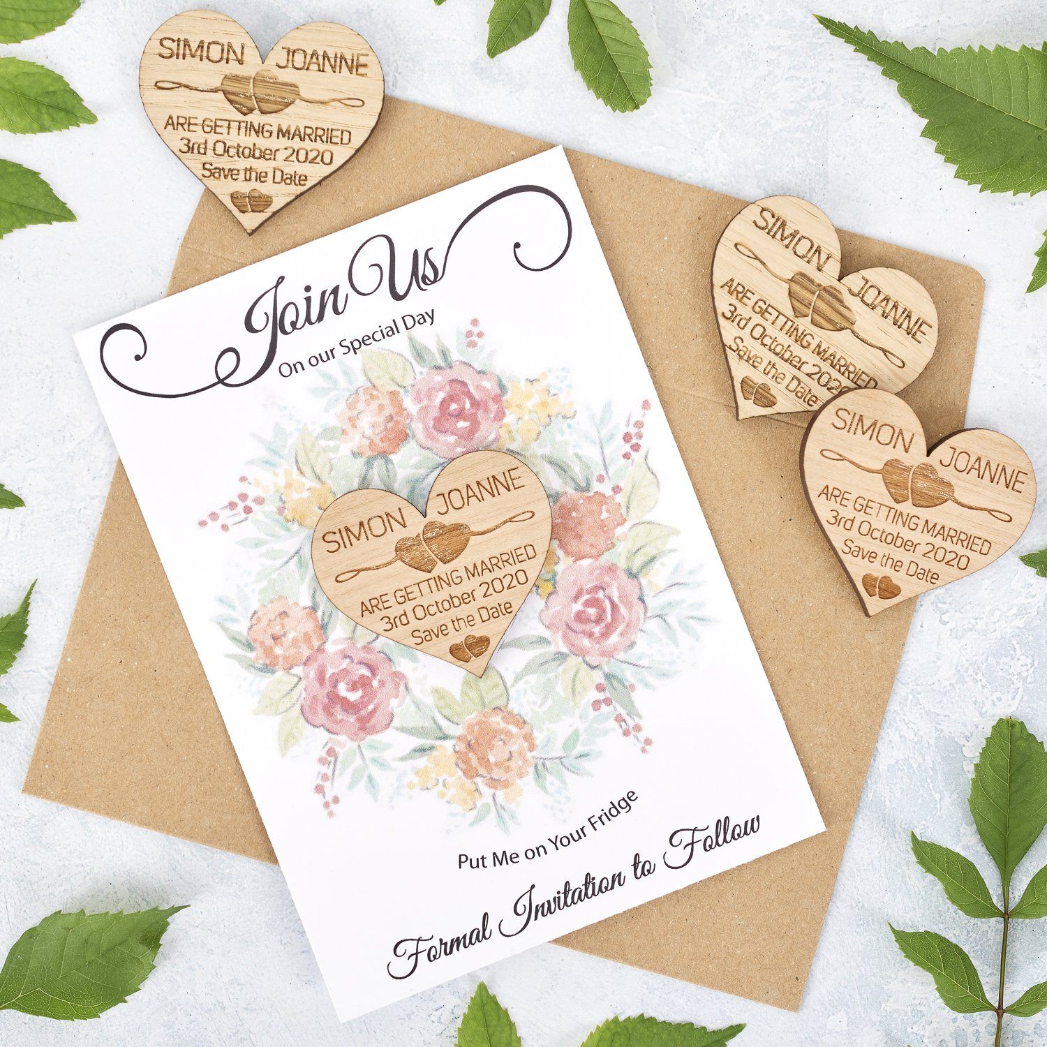 Save The Date Magnet With Cards - Save The Date Magnet Wooden Rustic & Cards - Two Hearts