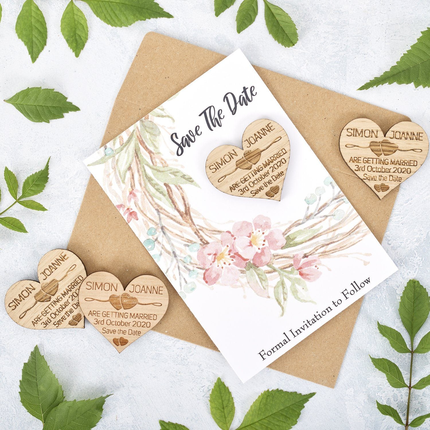 Save The Date Magnet With Cards - Save The Date Magnet Wooden Rustic & Cards - Two Hearts