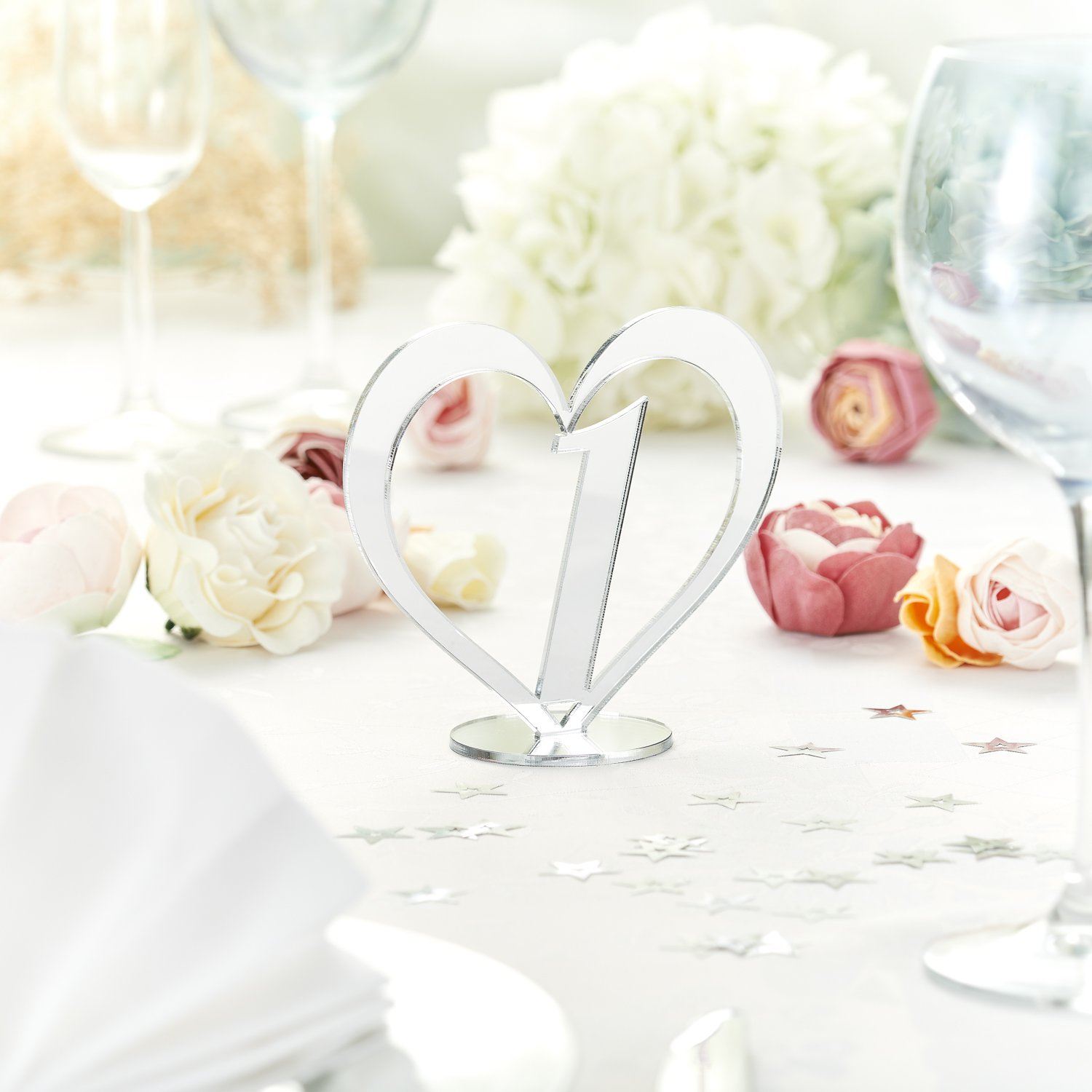 Table Numbers And Names - Reflective Silver  Wedding Table Numbers In A Heart
