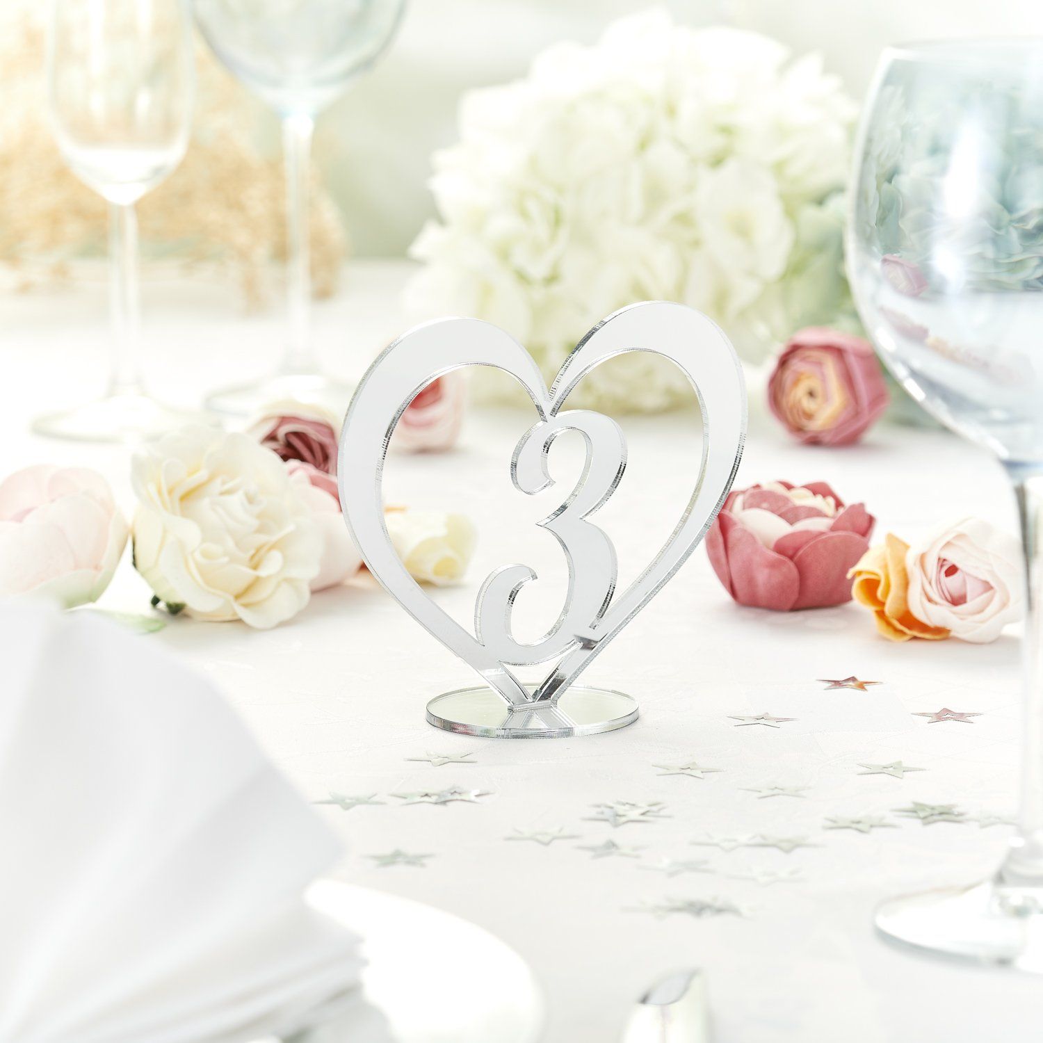 Table Numbers And Names - Reflective Silver  Wedding Table Numbers In A Heart