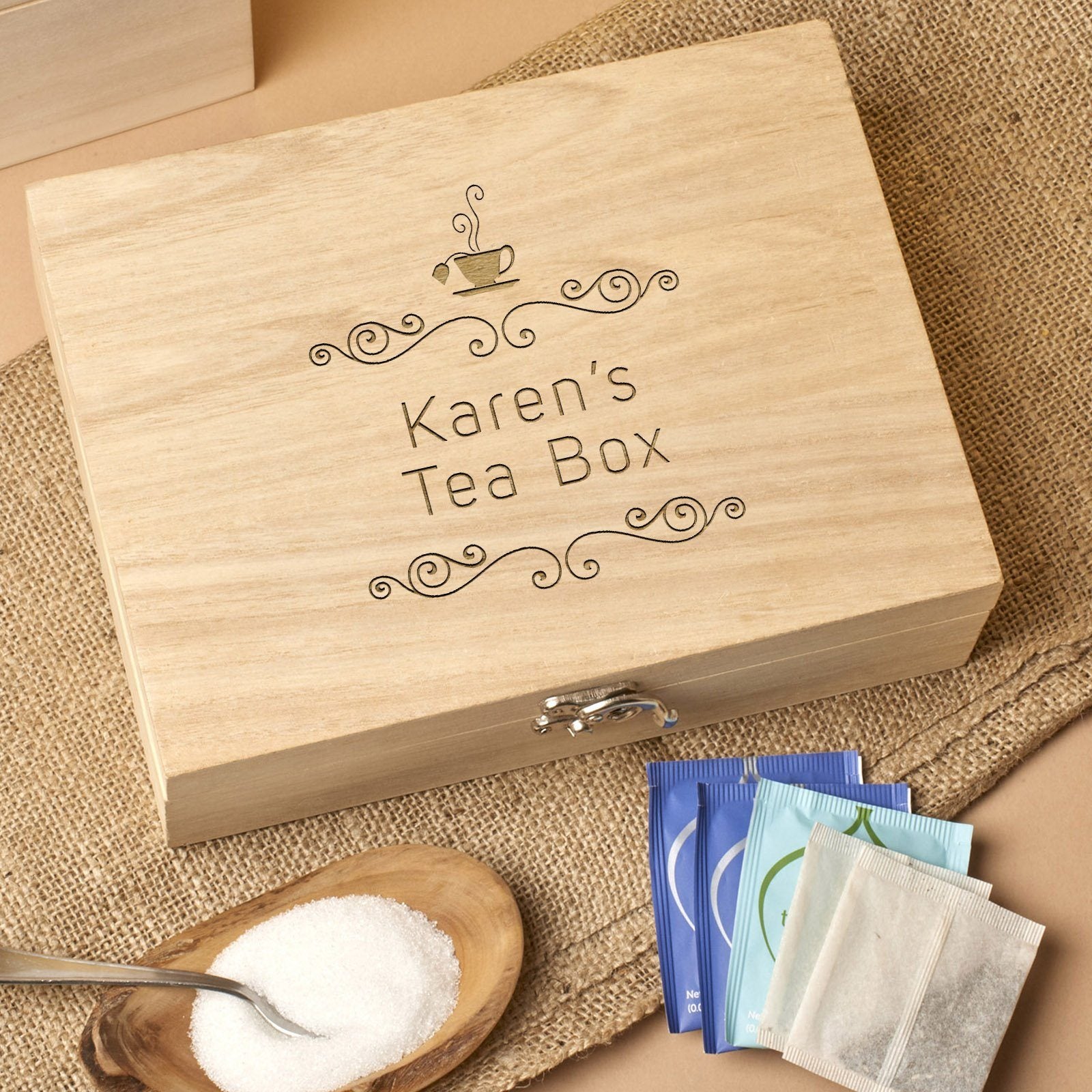 Tea Box - Personalised Engraved Bepoke Tea Storage Box Or Caddy - Scroll Design