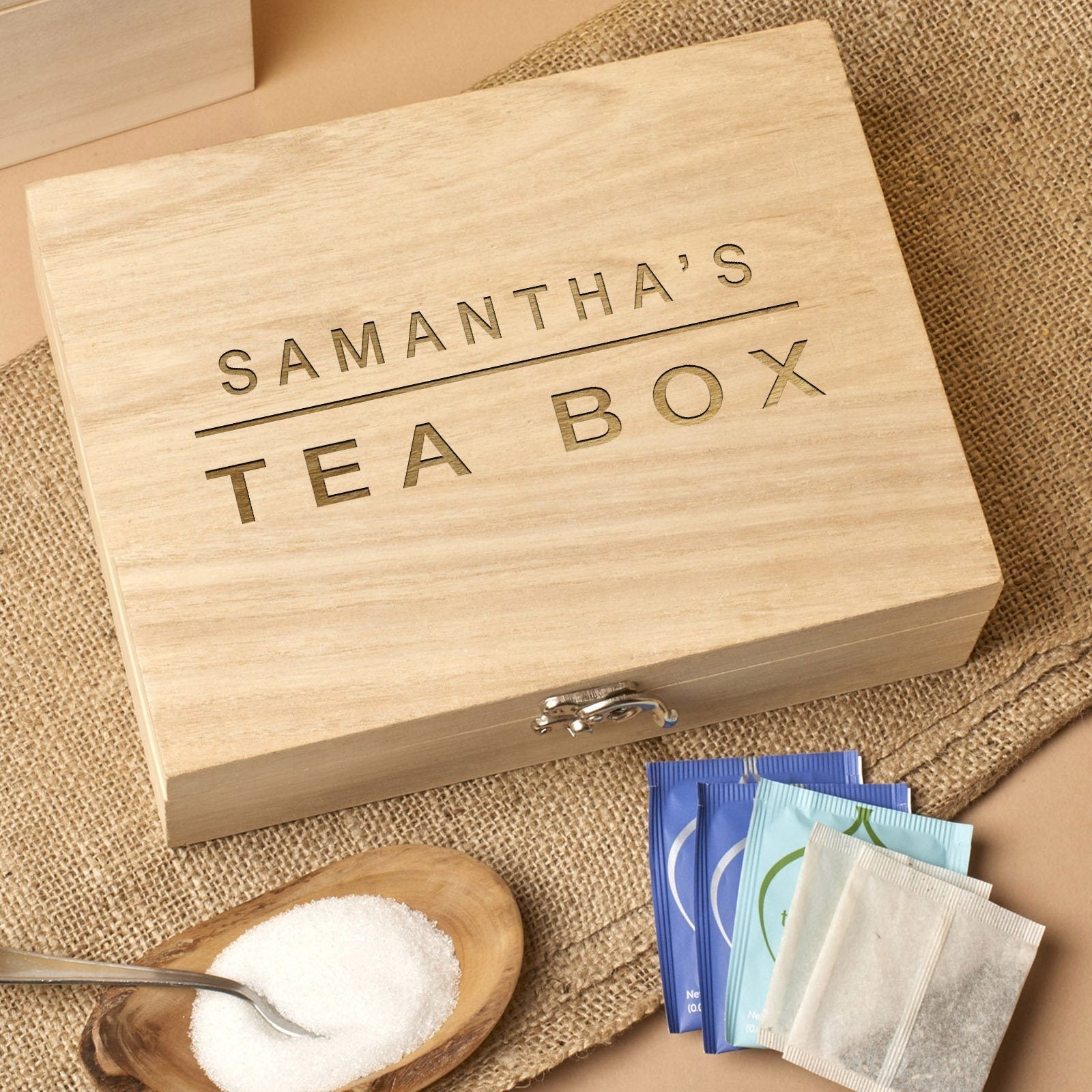 Tea Box - Personalised Engraved Bepoke Tea Storage Box Or Caddy - Simple Text Design