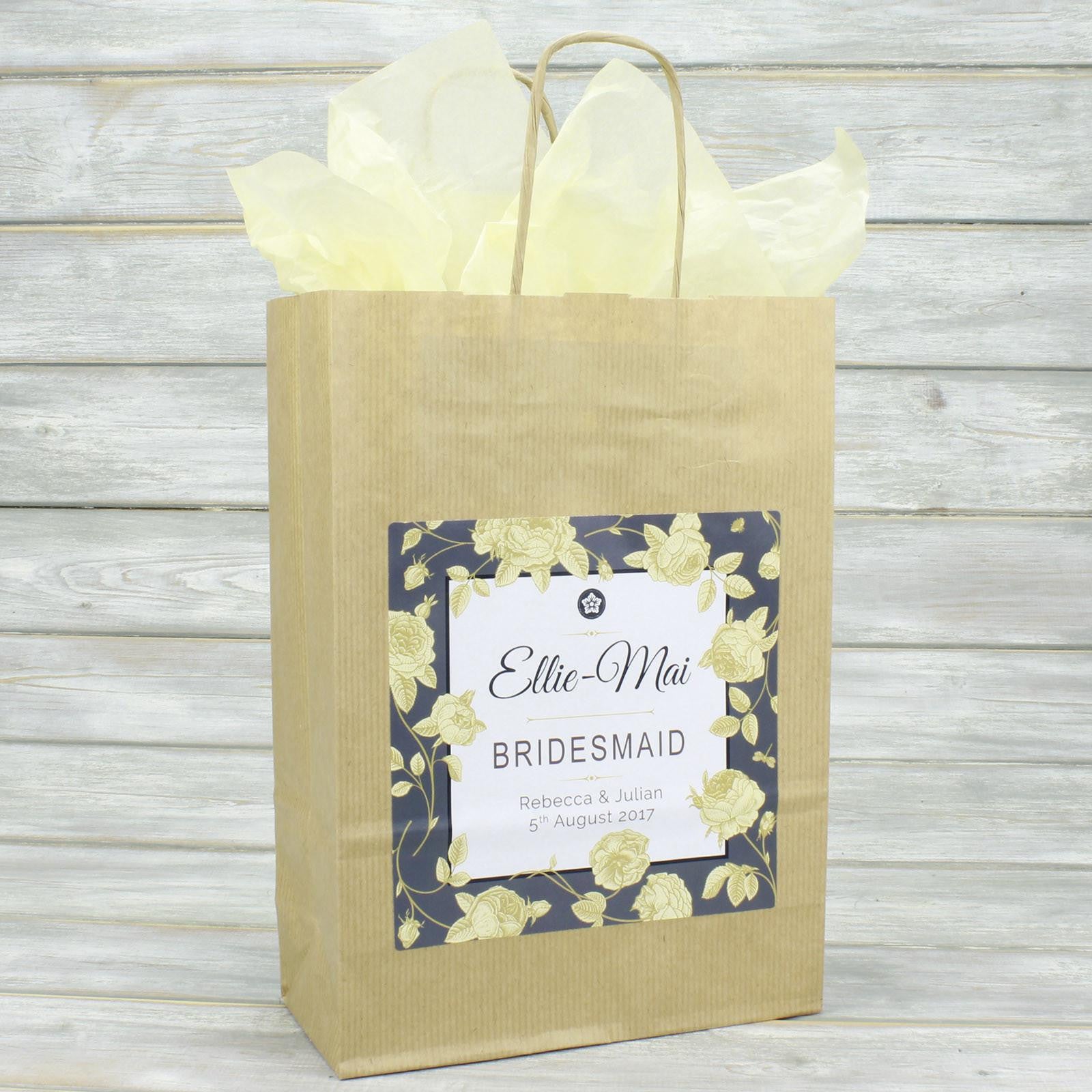 Wedding Favour Bag - Personalised Wedding Favour Vintage Brown Gift Bag - Gold Roses