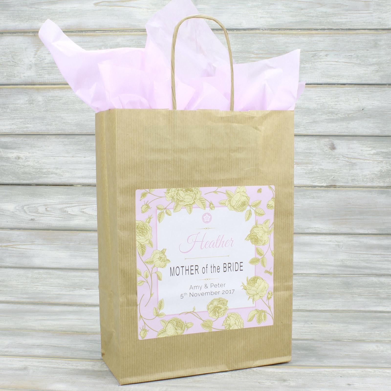 Wedding Favour Bag - Personalised Wedding Favour Vintage Brown Gift Bag - Gold Roses
