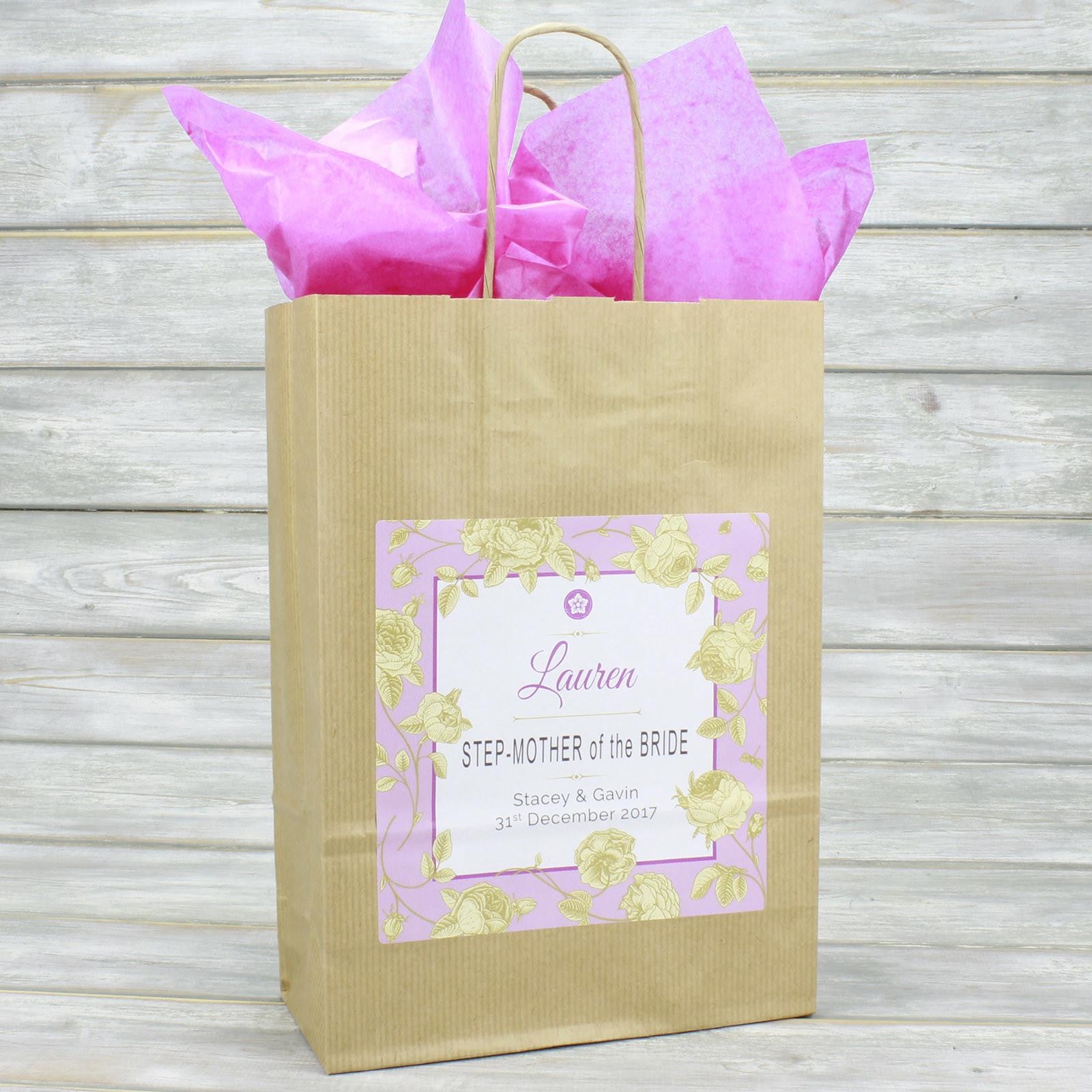 Wedding Favour Bag - Personalised Wedding Favour Vintage Brown Gift Bag - Gold Roses