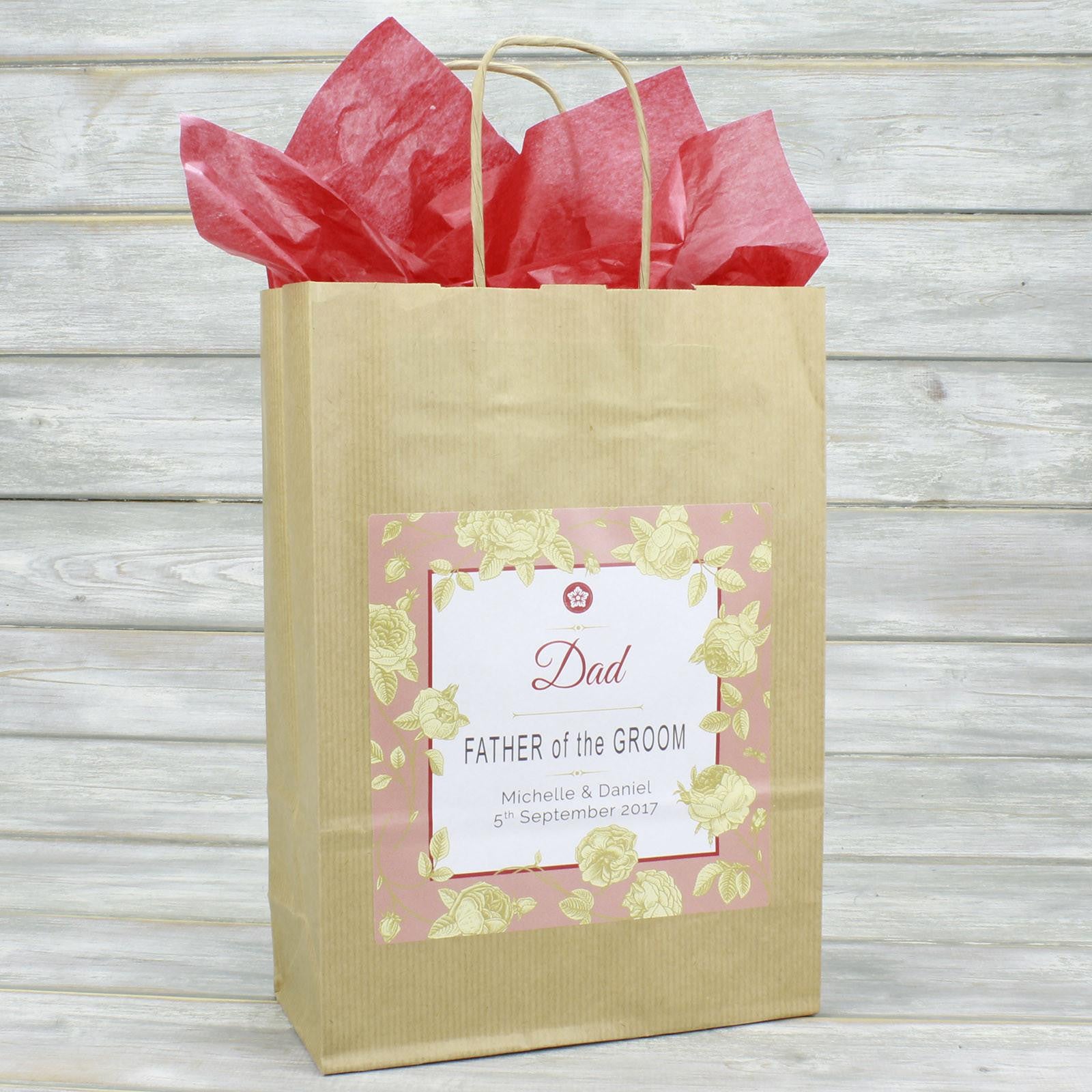 Wedding Favour Bag - Personalised Wedding Favour Vintage Brown Gift Bag - Gold Roses